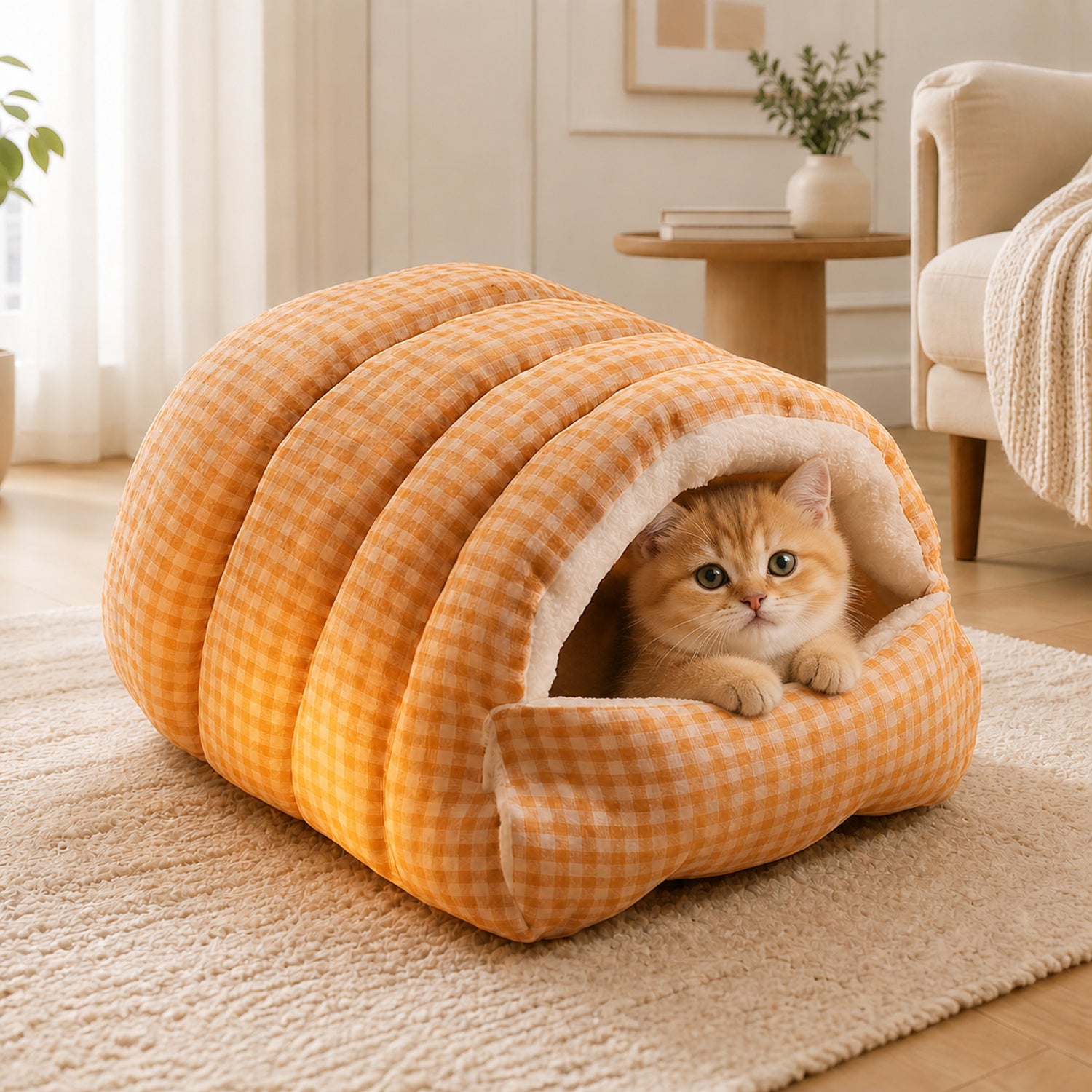Cosy Gingham Cat Bed | Warm Washable Enclosed Pod with Removable Top