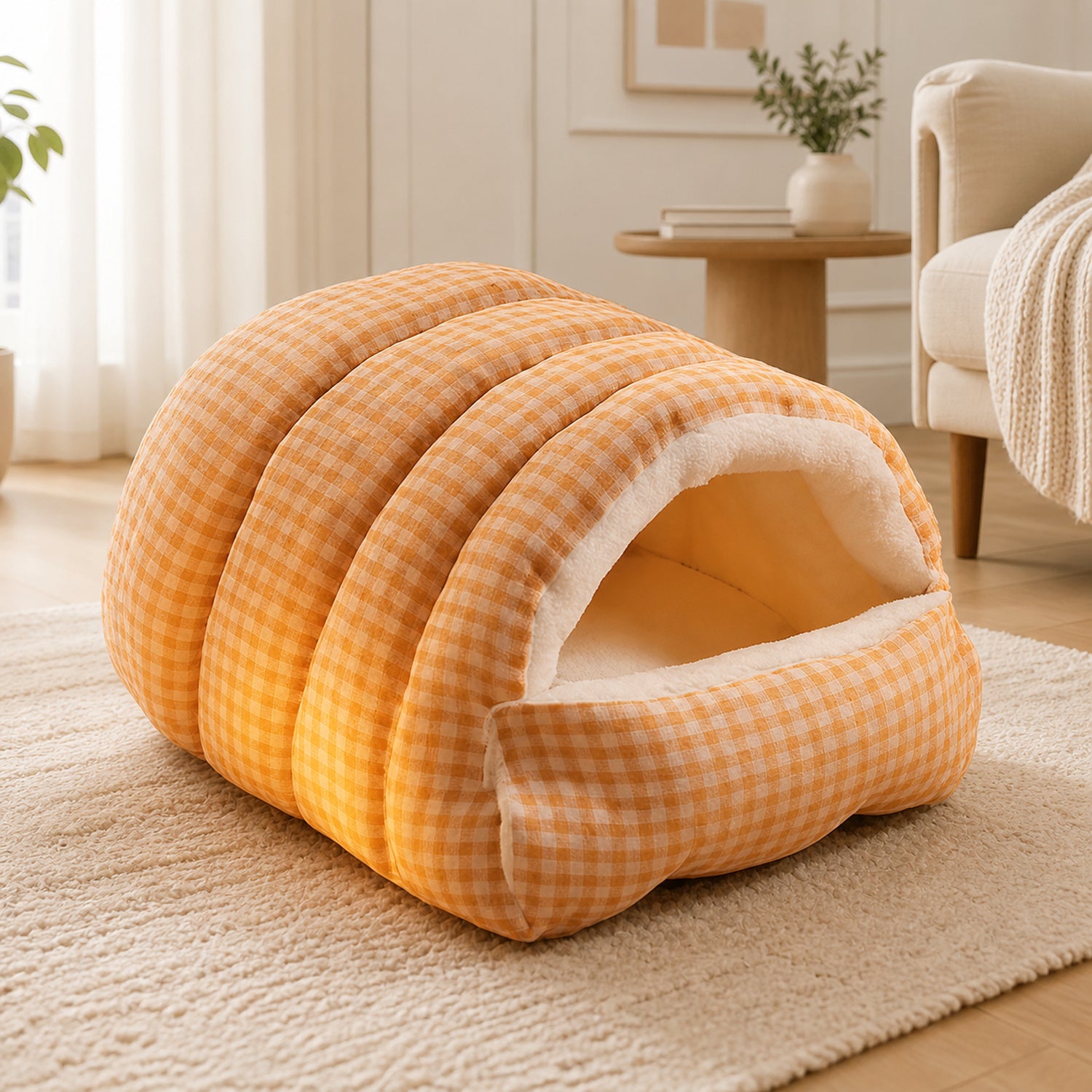 Cosy Gingham Cat Bed | Warm Washable Enclosed Pod with Removable Top