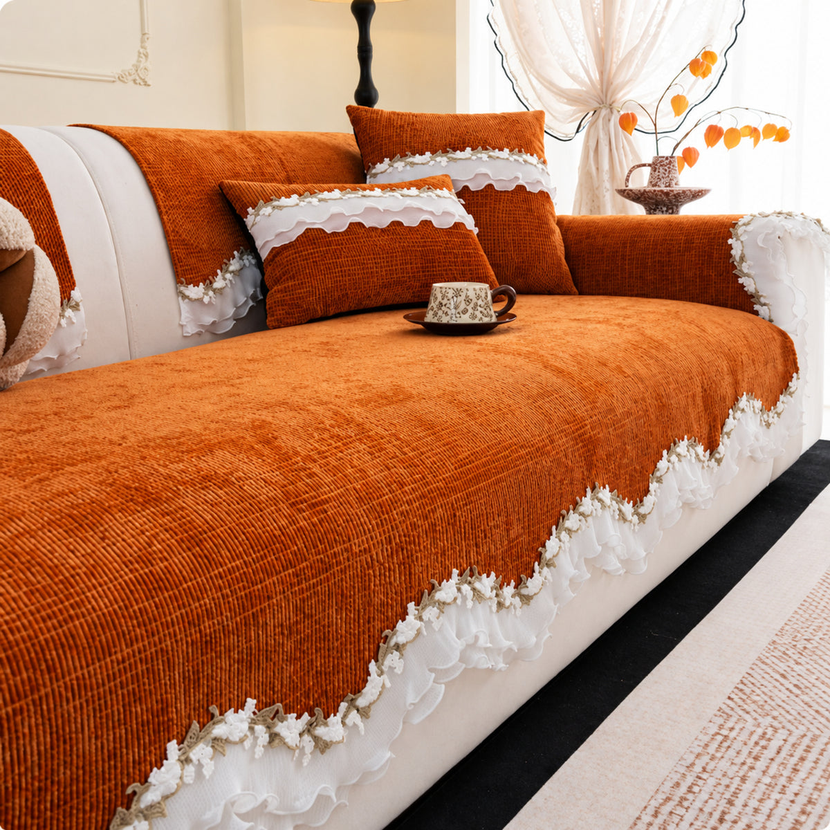 Ruffle Charm Chenille Sofa Cover | Non-Slip & Machine Washable