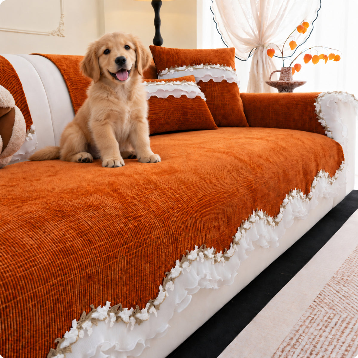 Ruffle Charm Chenille Sofa Cover | Non-Slip & Machine Washable