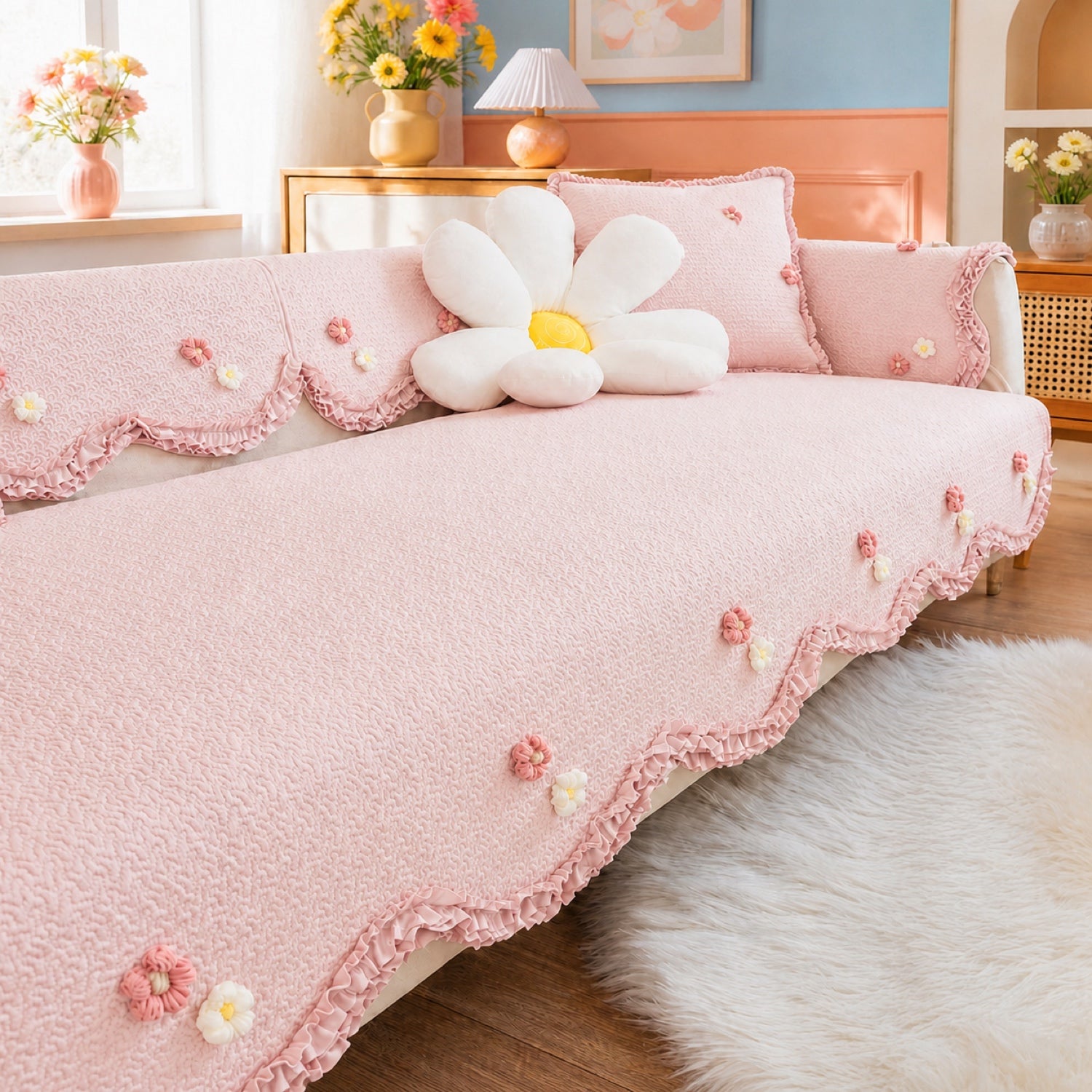 Daisy Ruffle Cotton Sofa Protector | Quilted, Non-Slip & Machine Washable