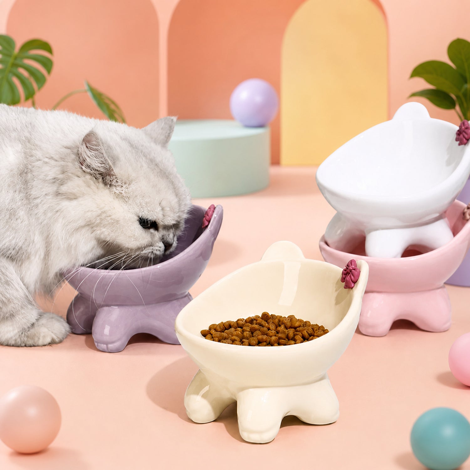 Bow Kitty Raised Ceramic Cat Bowl | 15° Tilted Easy-Clean Feeder