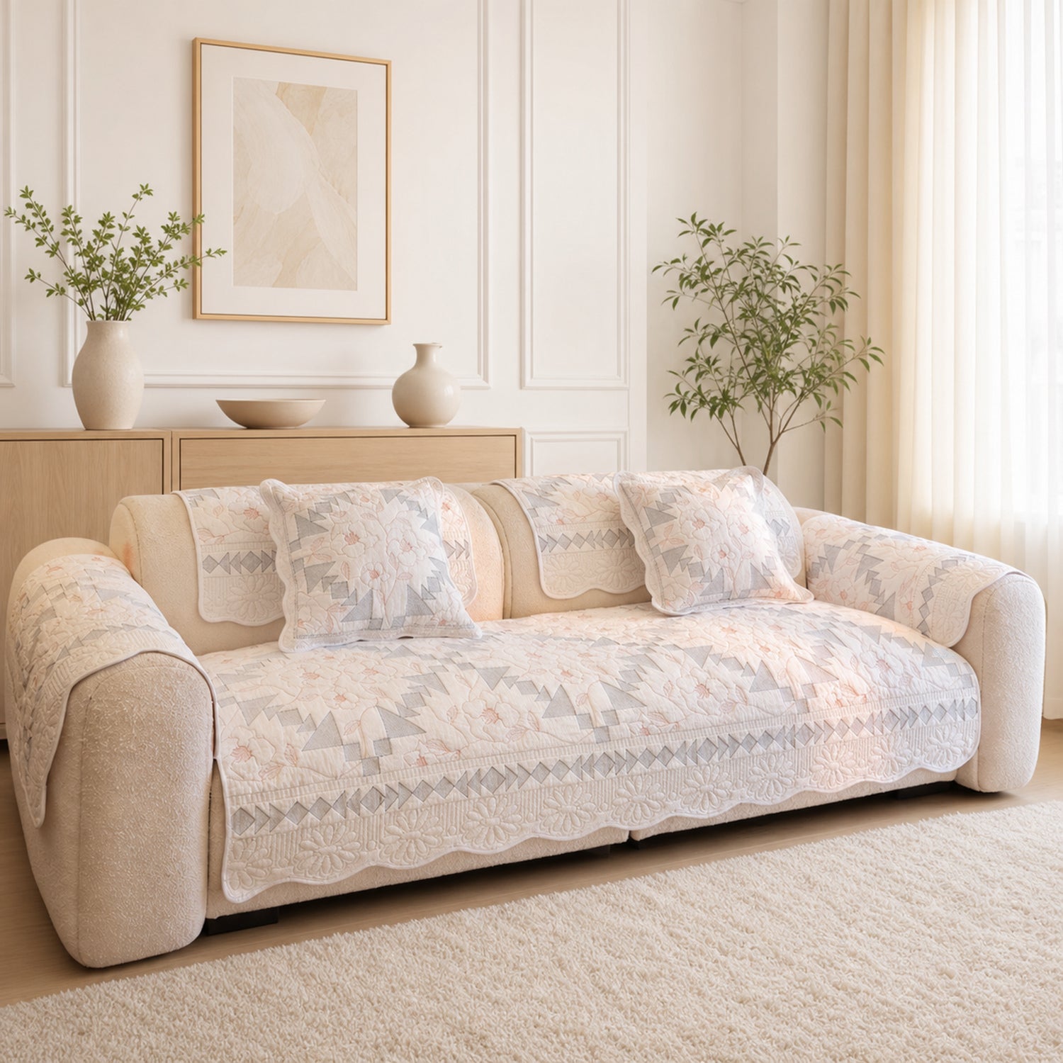 Floral Mosaic Cotton Sofa Protector | Quilted Non-Slip Washable Cover