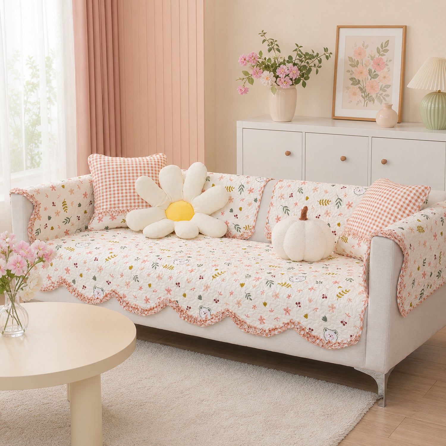 Cottage Garden Sofa Cover | Floral Cotton Non-Slip Washable