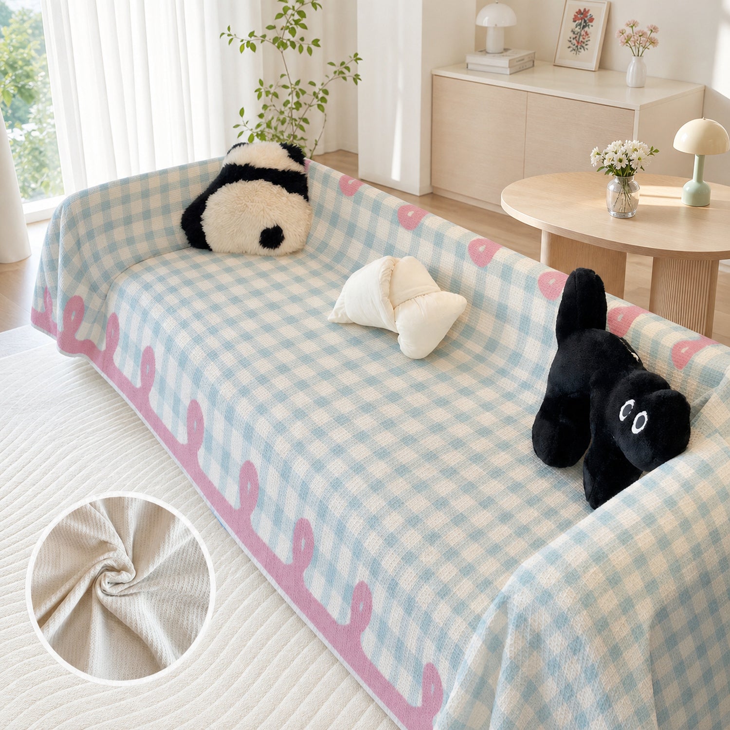 Pastel Gingham Waffle Sofa Throw | Non-Slip All-Season Sofa Protector