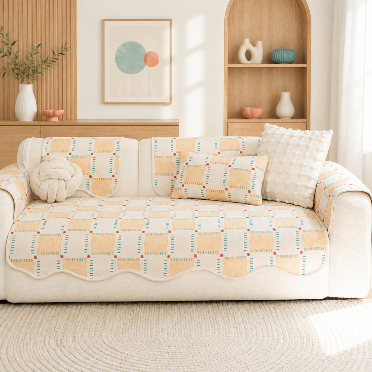 Plaid Chenille Sofa Protector | Scratch-Resistant Non-Slip Washable Cover
