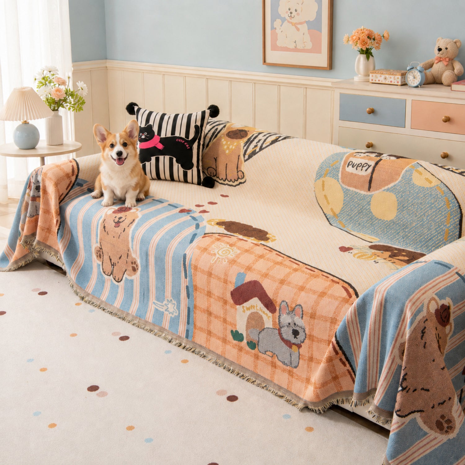 Puppy Days | Chenille Sofa Throw | Scratch-Resistant Sofa Protector