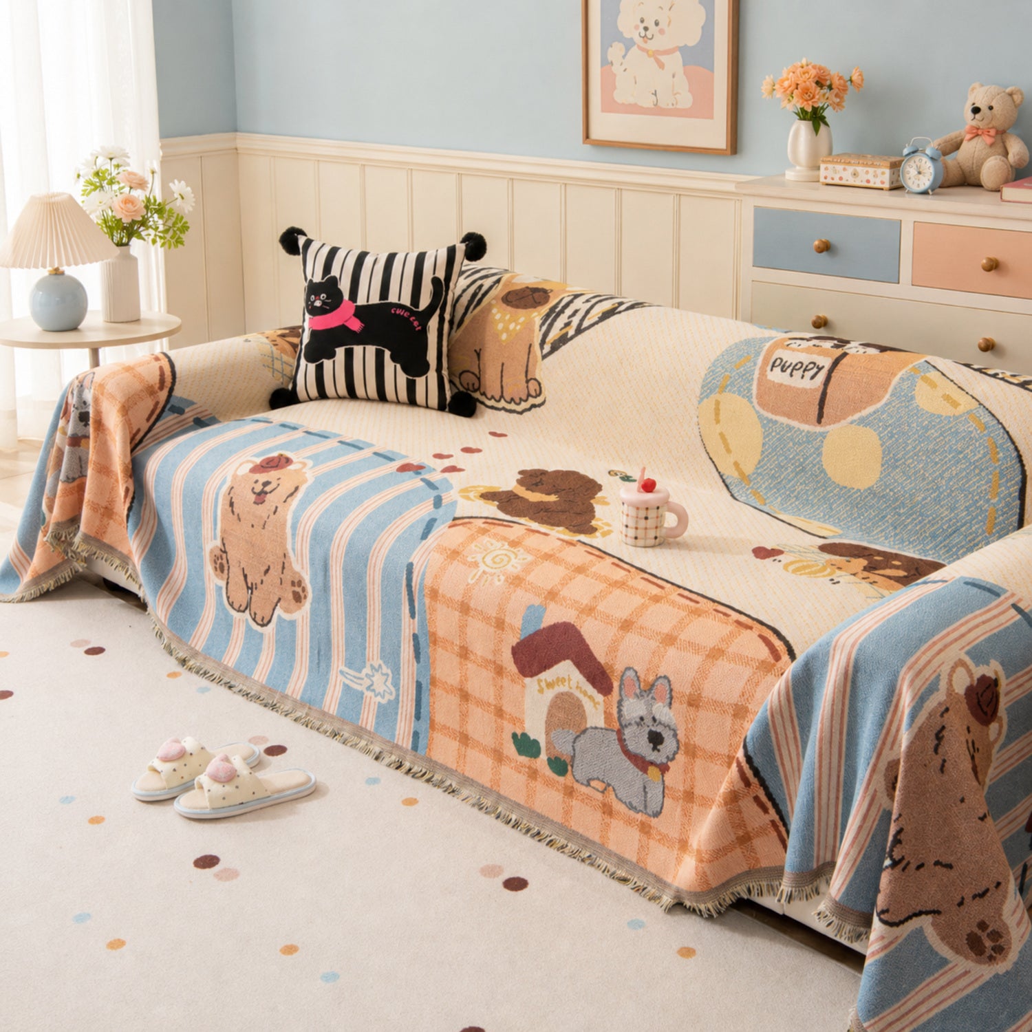 Puppy Days | Chenille Sofa Throw | Scratch-Resistant Sofa Protector