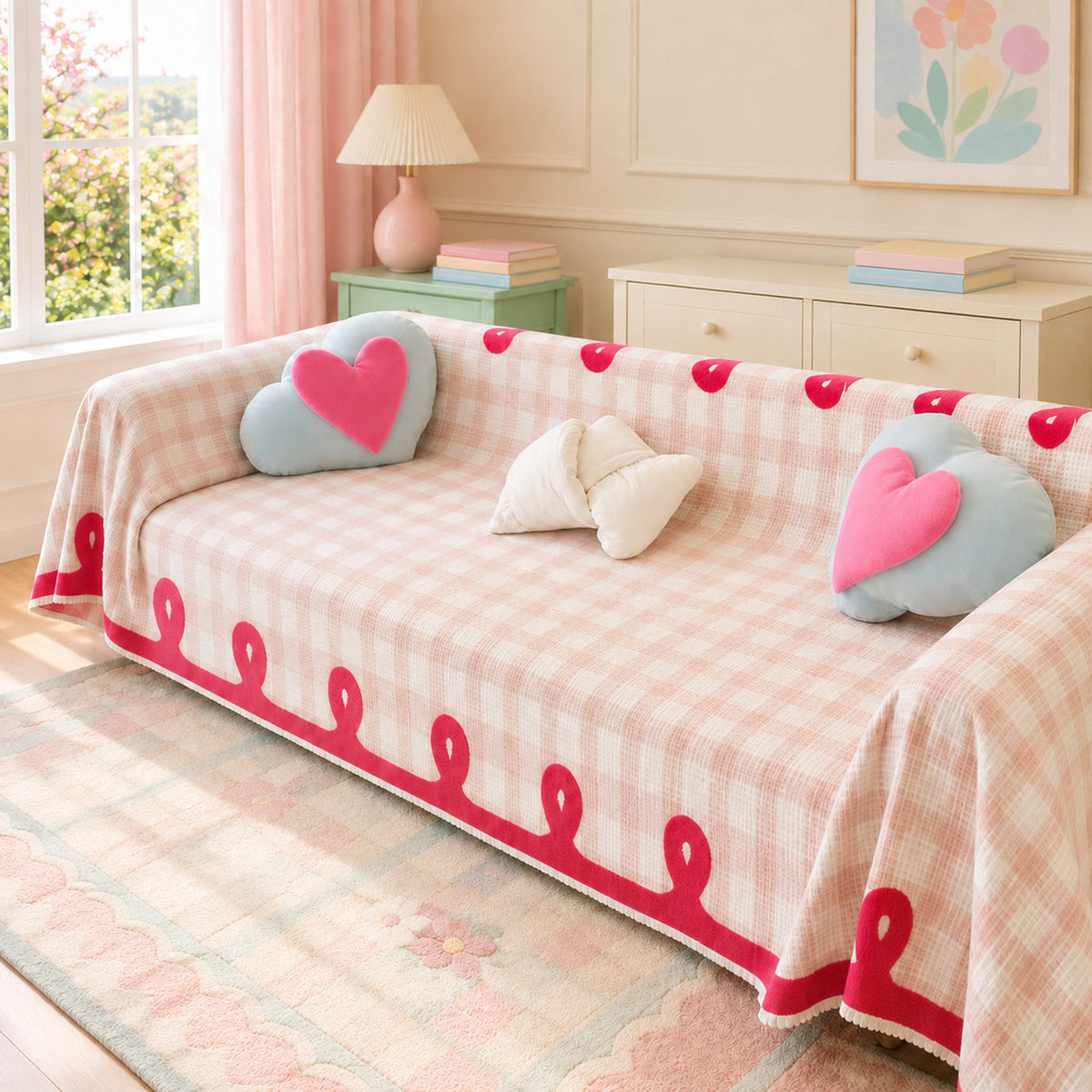 Pastel Gingham Waffle Sofa Throw | Non-Slip All-Season Sofa Protector