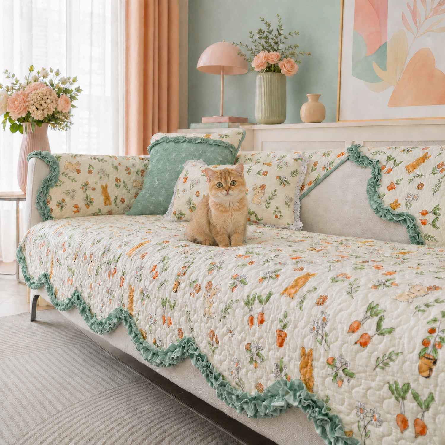 Cottage Garden Sofa Cover | Floral Cotton Non-Slip Washable