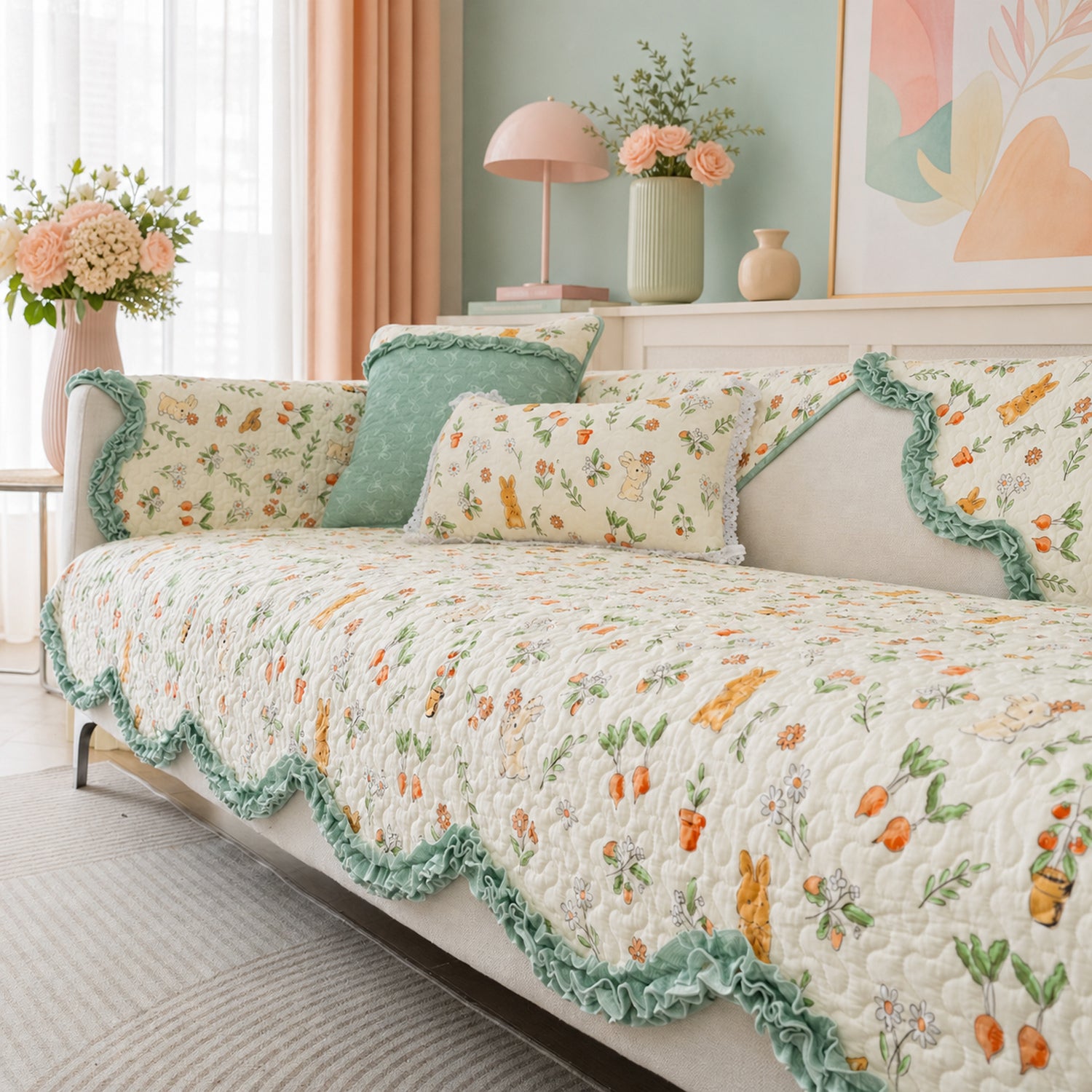 Cottage Garden Sofa Cover | Floral Cotton Non-Slip Washable