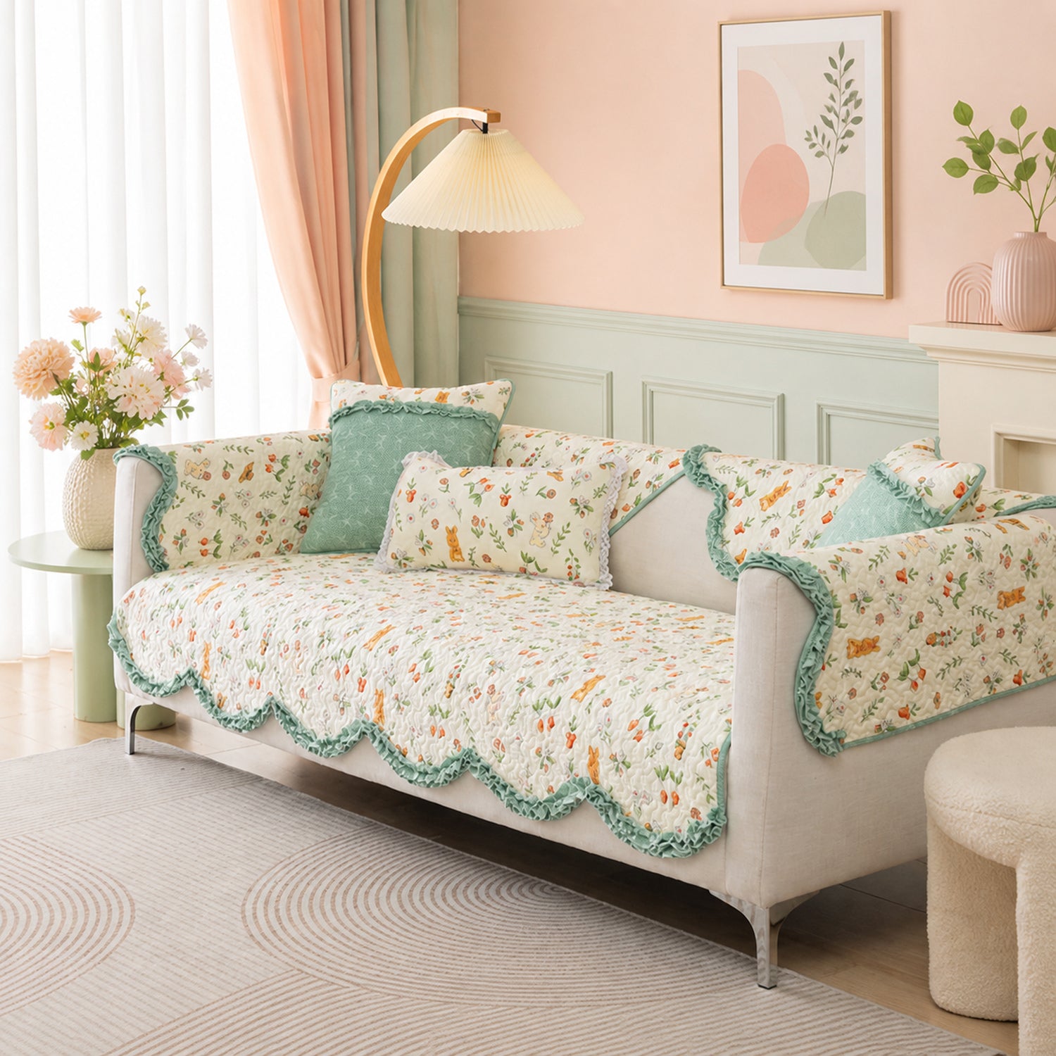 Cottage Garden Sofa Cover | Floral Cotton Non-Slip Washable