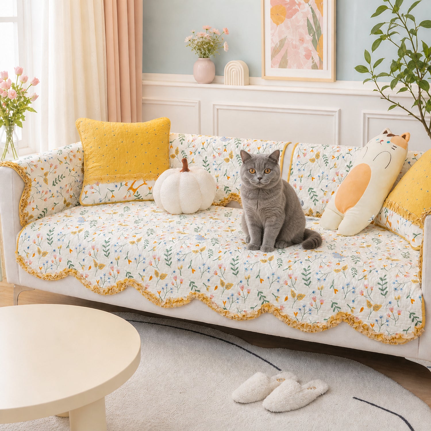 Cottage Garden Sofa Cover | Floral Cotton Non-Slip Washable