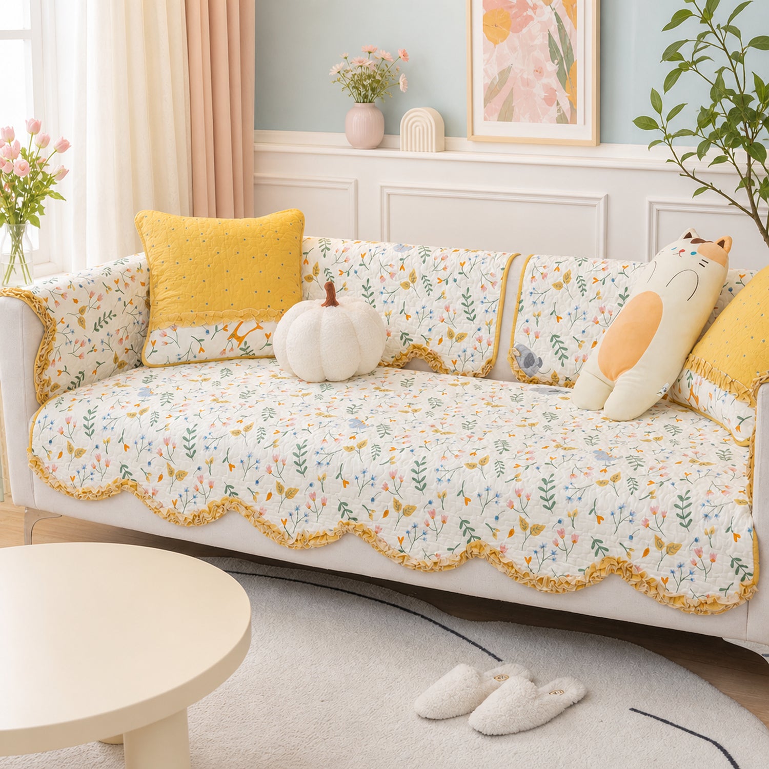 Cottage Garden Sofa Cover | Floral Cotton Non-Slip Washable
