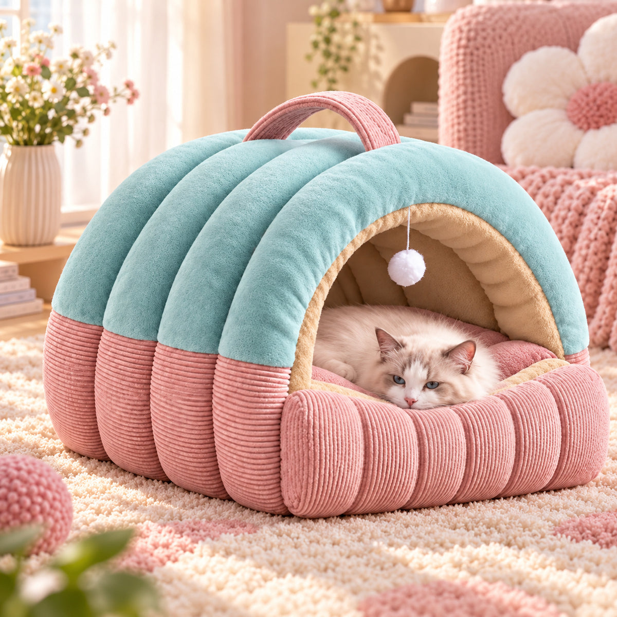 Dog Bed & Cat Bed | Cosy Plush Cave with Fold-Down Front