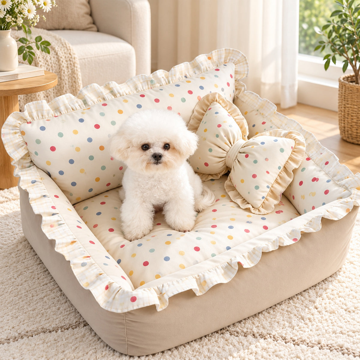 Dog Sofa Bed & Cat Bed | Sweet Ruffle Design with Bow Cushion & Non-Slip Base