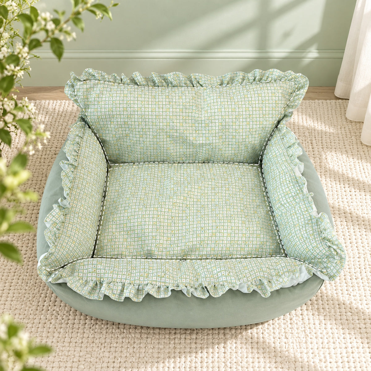 Dog Sofa Bed & Cat Bed | Sweet Ruffle Design with Bow Cushion & Non-Slip Base