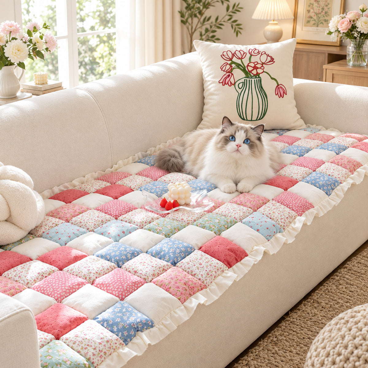 Patchwork Sofa Cover | Non-Slip Sofa Protector | Quilted 100% Cotton