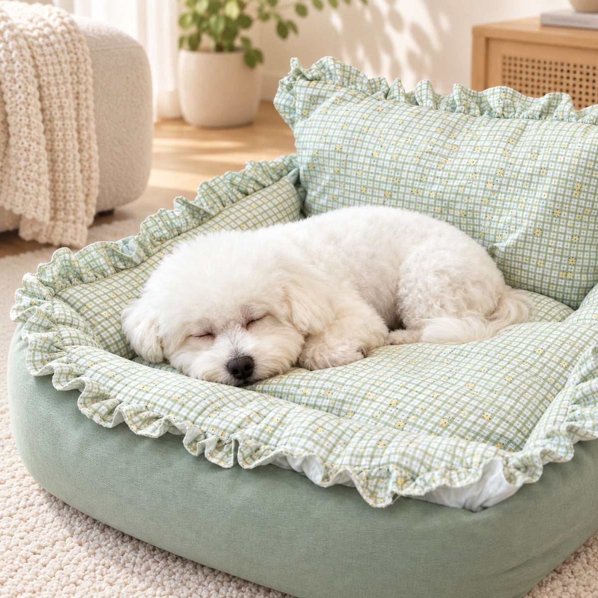 Dog Sofa Bed & Cat Bed | Sweet Ruffle Design with Bow Cushion & Non-Slip Base