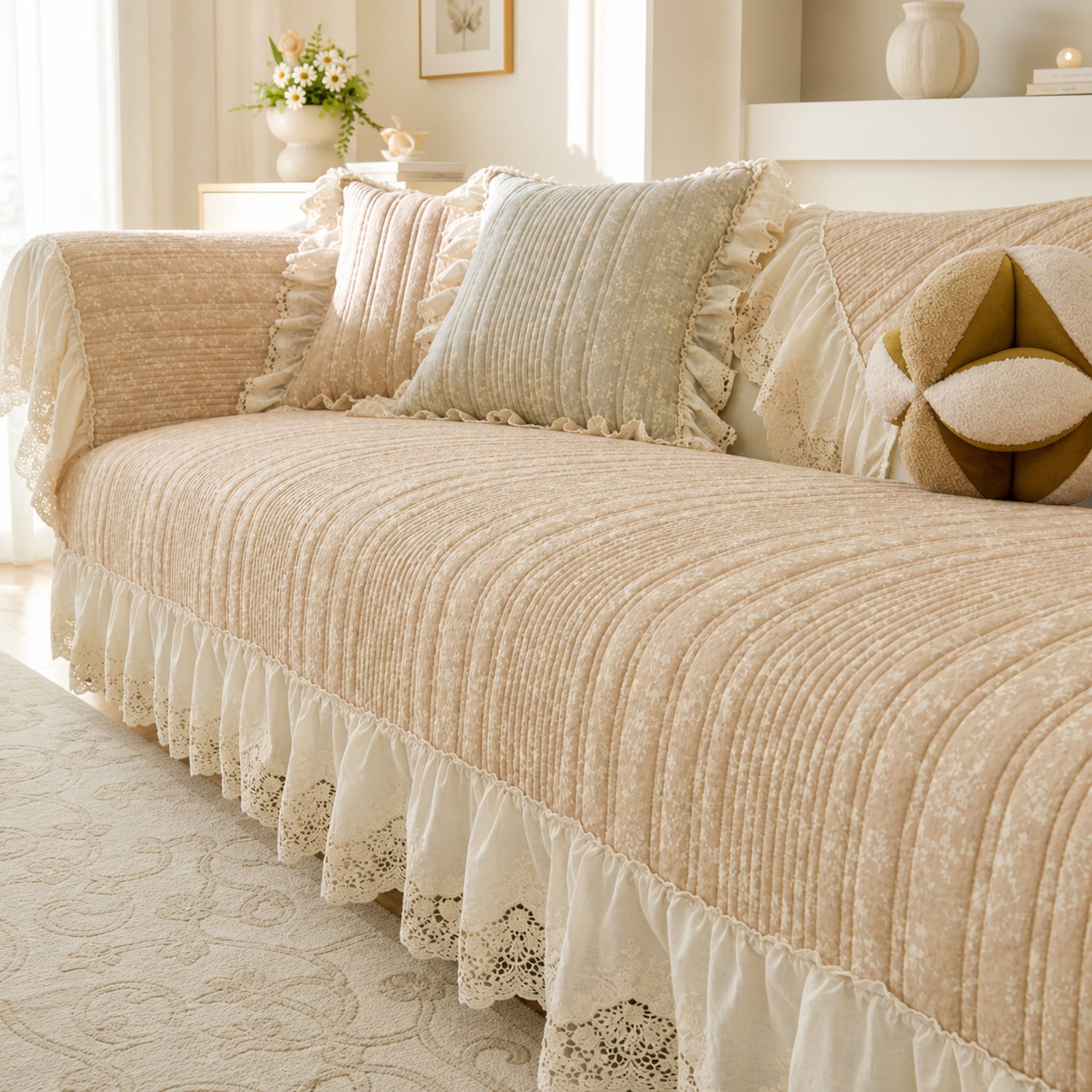 Vintage Lace Sofa Protector | Cotton-Linen Blend | Non-Slip Ruffled Design