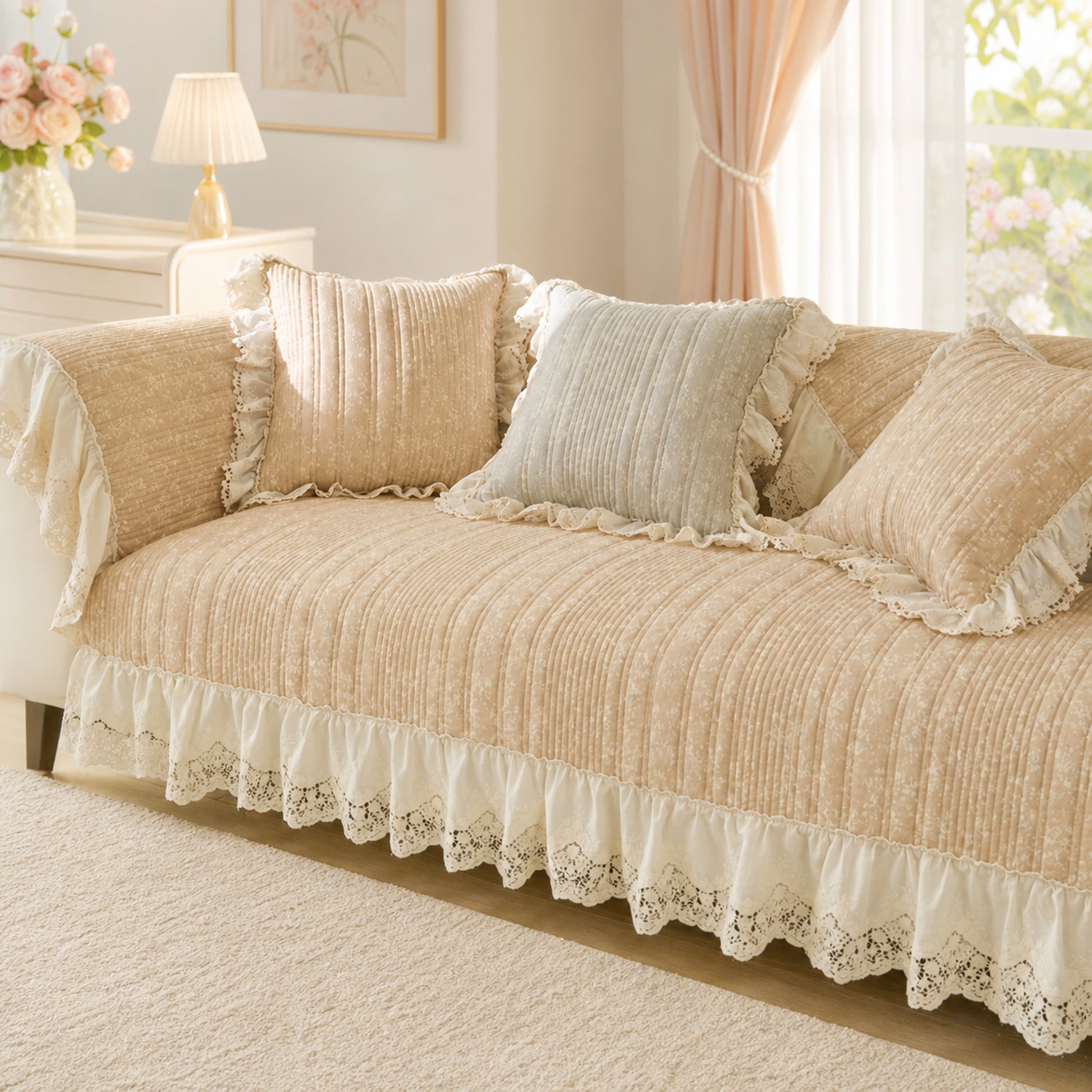 Vintage Lace Sofa Protector | Cotton-Linen Blend | Non-Slip Ruffled Design