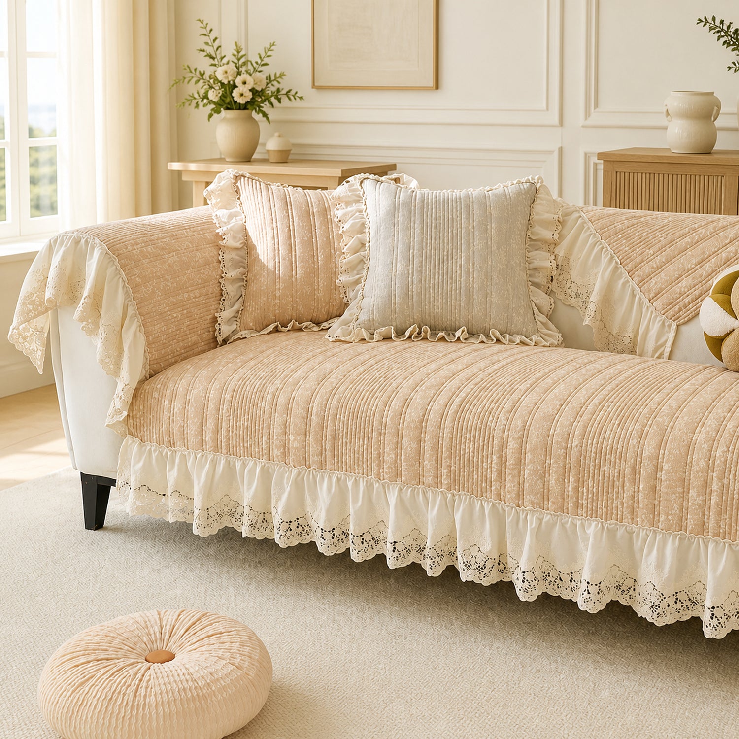 Vintage Lace Sofa Protector | Cotton-Linen Blend | Non-Slip Ruffled Design