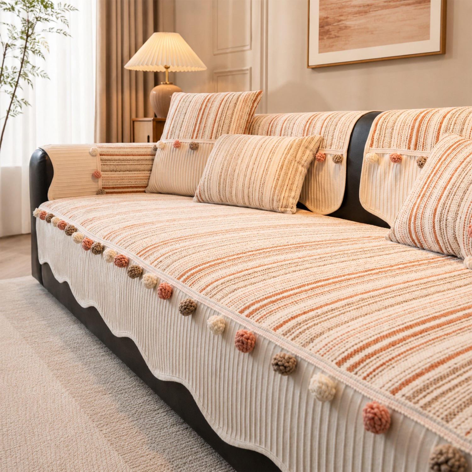Harvest Bobble Sofa Protector | Striped Chenille | Non-Slip All-Season Cover