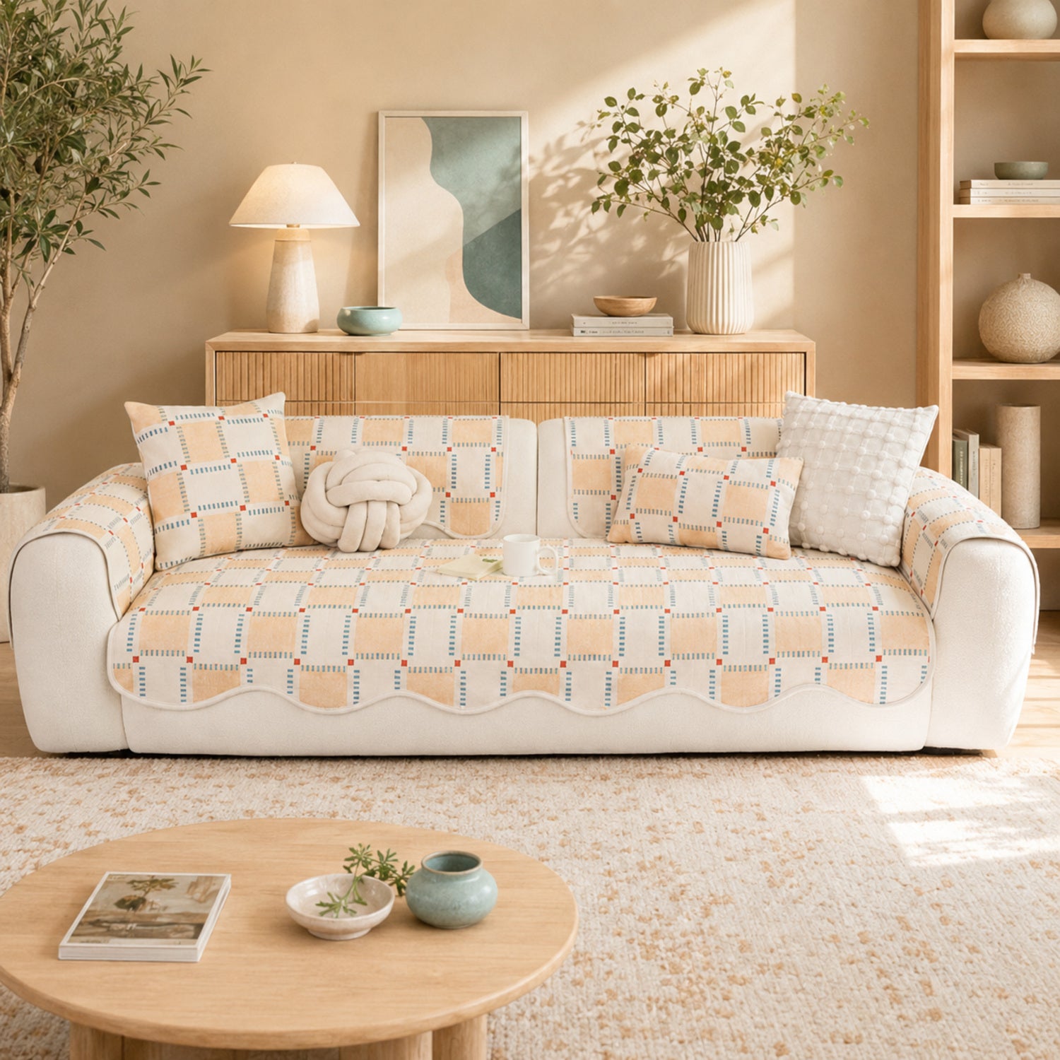 Plaid Chenille Sofa Protector | Scratch-Resistant Non-Slip Washable Cover