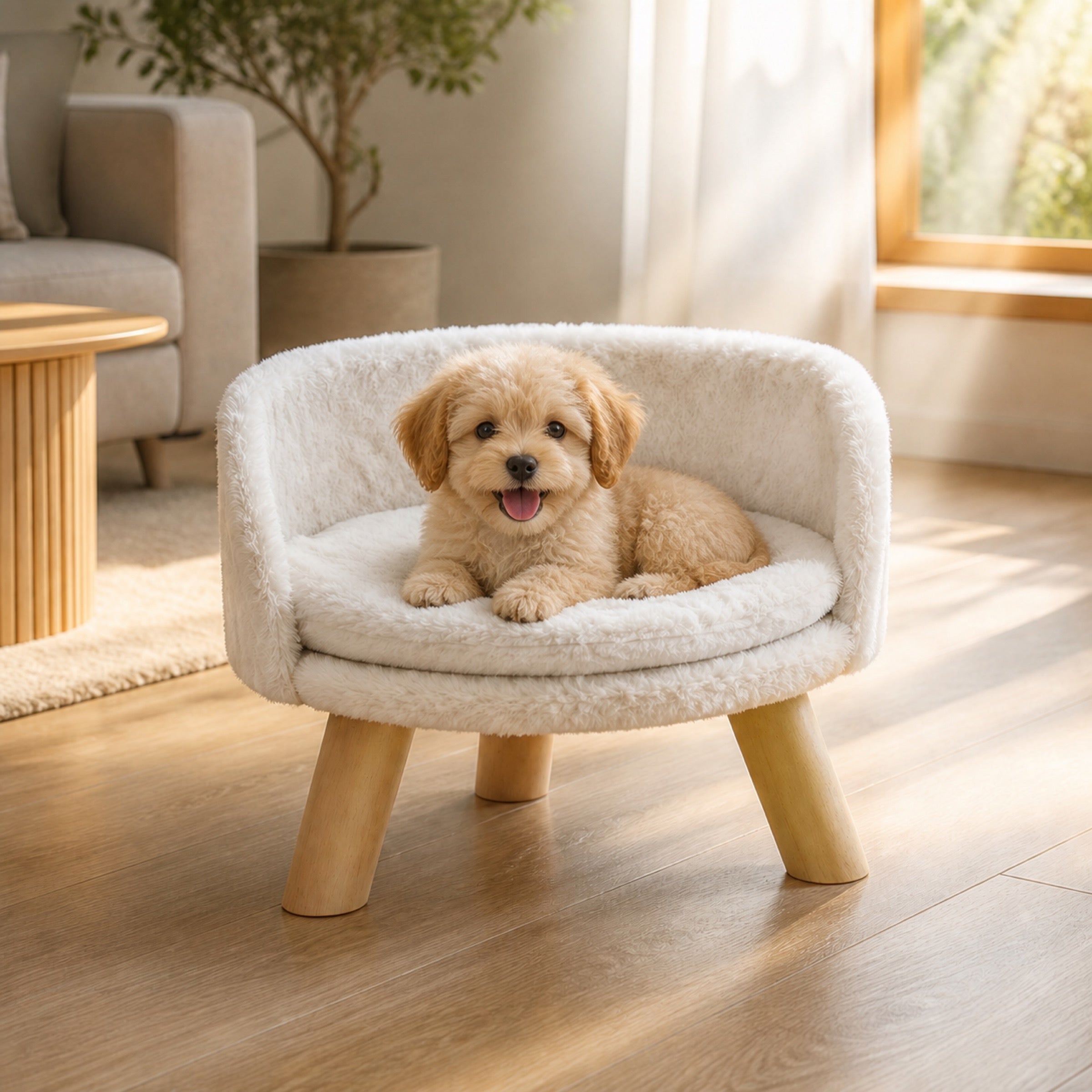 Round Pet Bed Cushion with happy puppy lifestyle image 1
