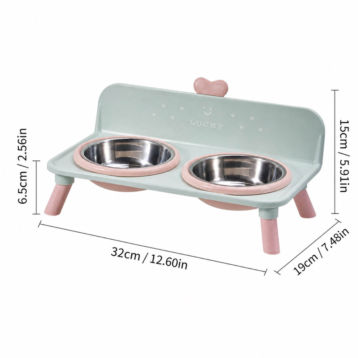 Lucky Heart Elevated Double Pet Bowl Stand | Stainless Steel | Neck-Friendly