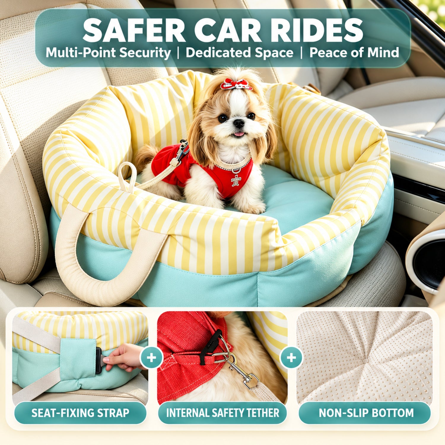 Yellow Stripe Pet Car Seat & Bed | Water-Repellent with Carry Handles