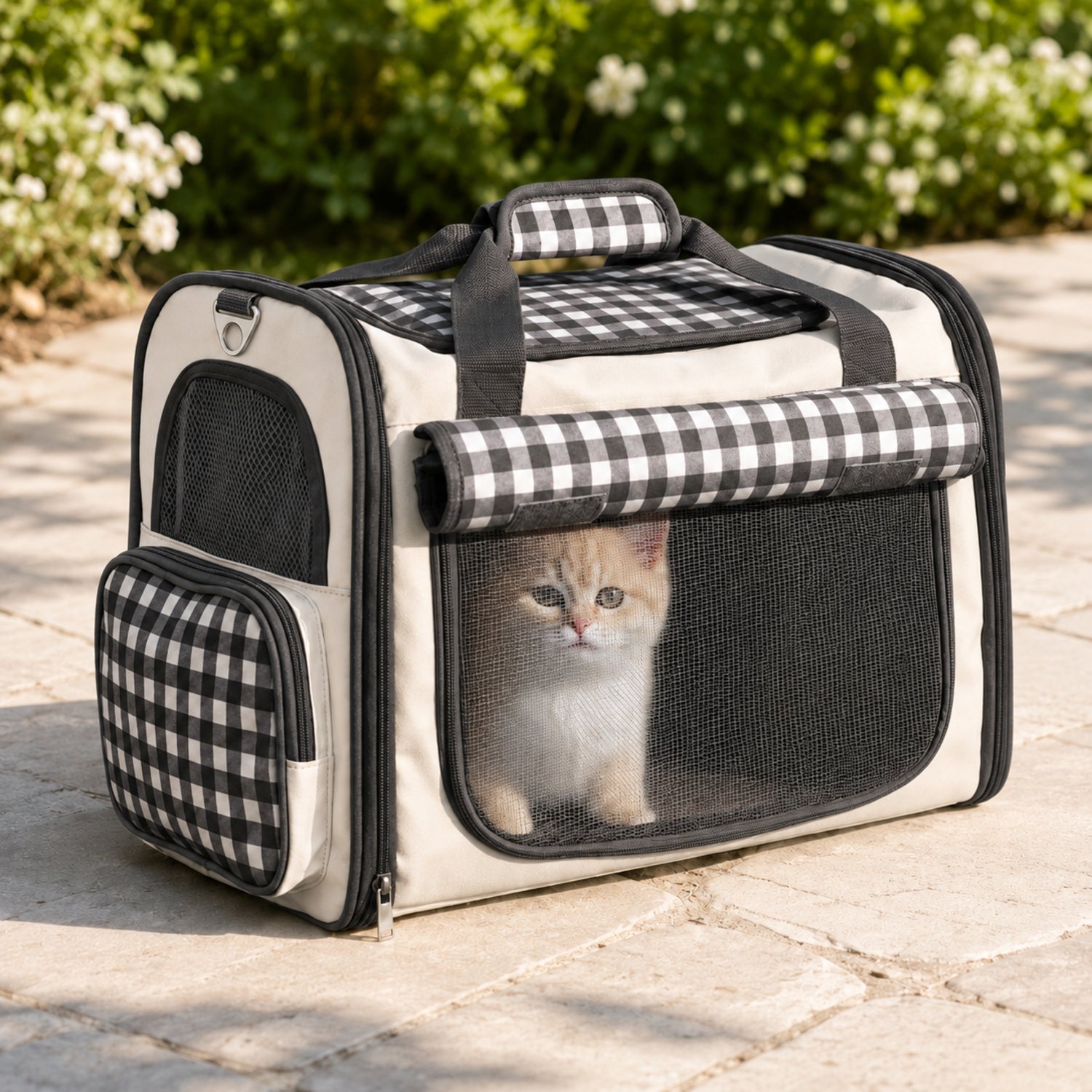 Gingham Cat Carrier Bag | Foldable Travel Carrier with Mesh Panels and Shoulder Strap