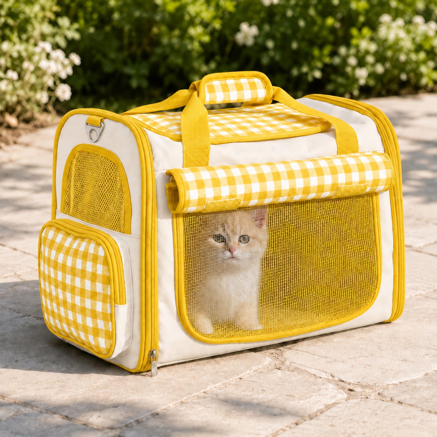 Gingham Cat Carrier Bag | Foldable Travel Carrier with Mesh Panels and Shoulder Strap