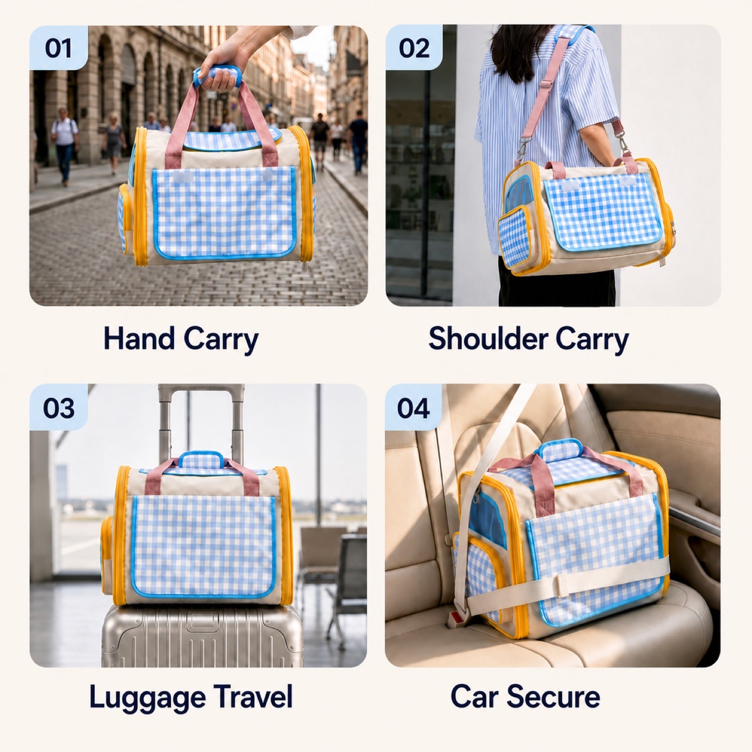 Gingham Cat Carrier Bag | Foldable Travel Carrier with Mesh Panels and Shoulder Strap