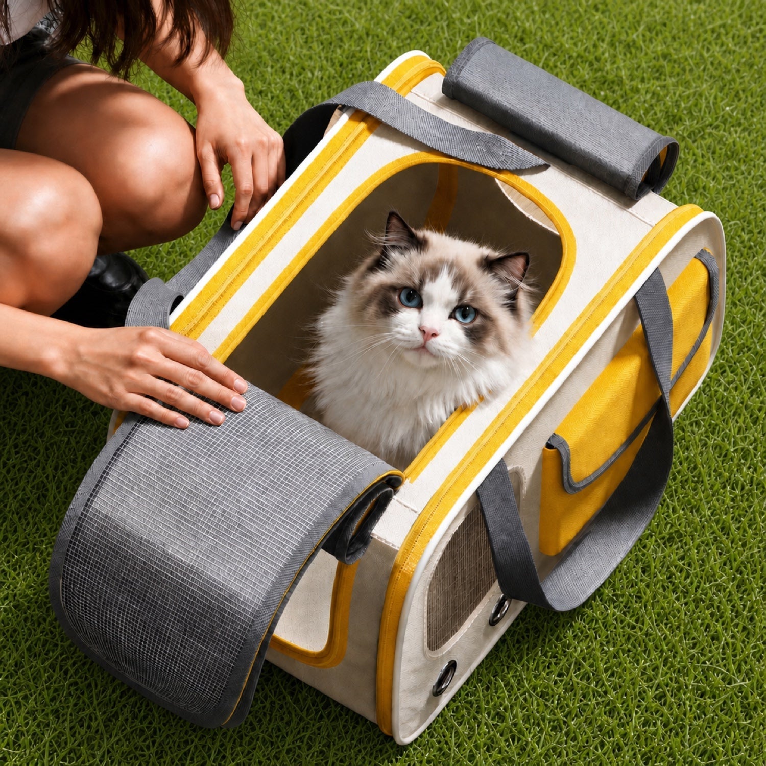 Cream and yellow breathable pet carrier with a fluffy cat inside on green grass