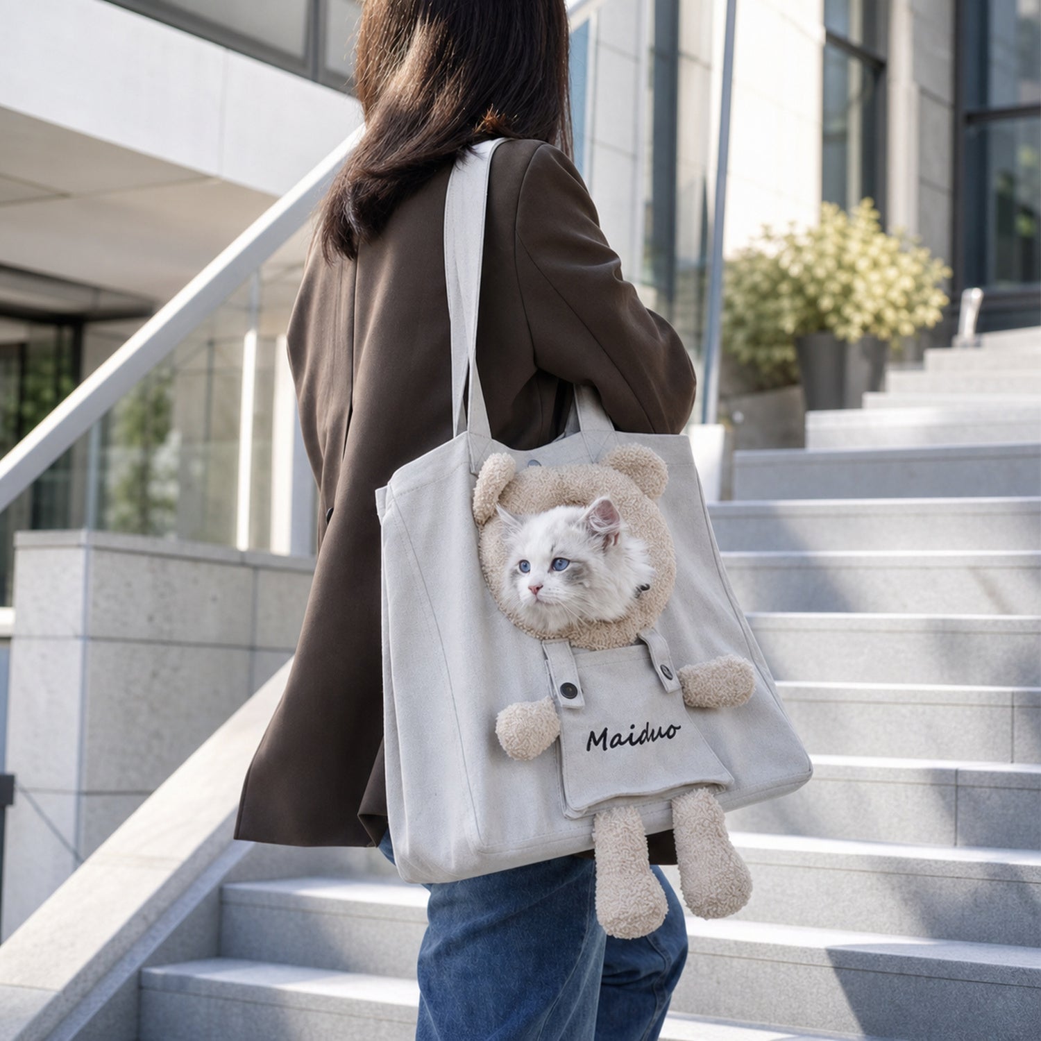 Teddy Hug Pet Carrier Tote | Canvas Shoulder Bag | Safety Clip & Storage Pocket