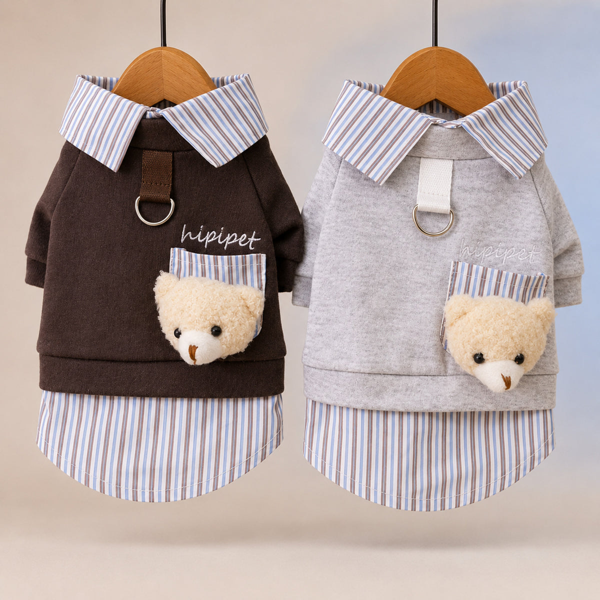 Teddy Bear Pocket Pet Coat | Striped Collar | Cosy Layered-Look Outfit
