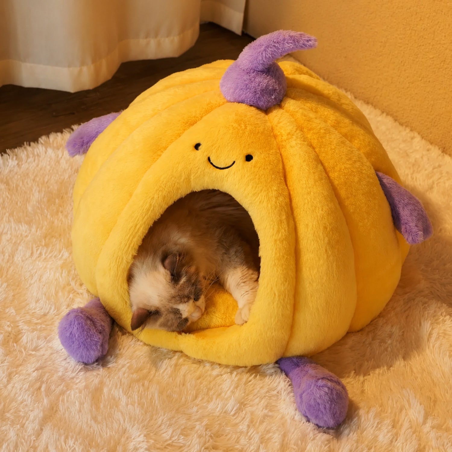 Pumpkin Enclosed Pet Bed | Plush Winter Hideaway | Non-Slip for Cats & Small Dogs