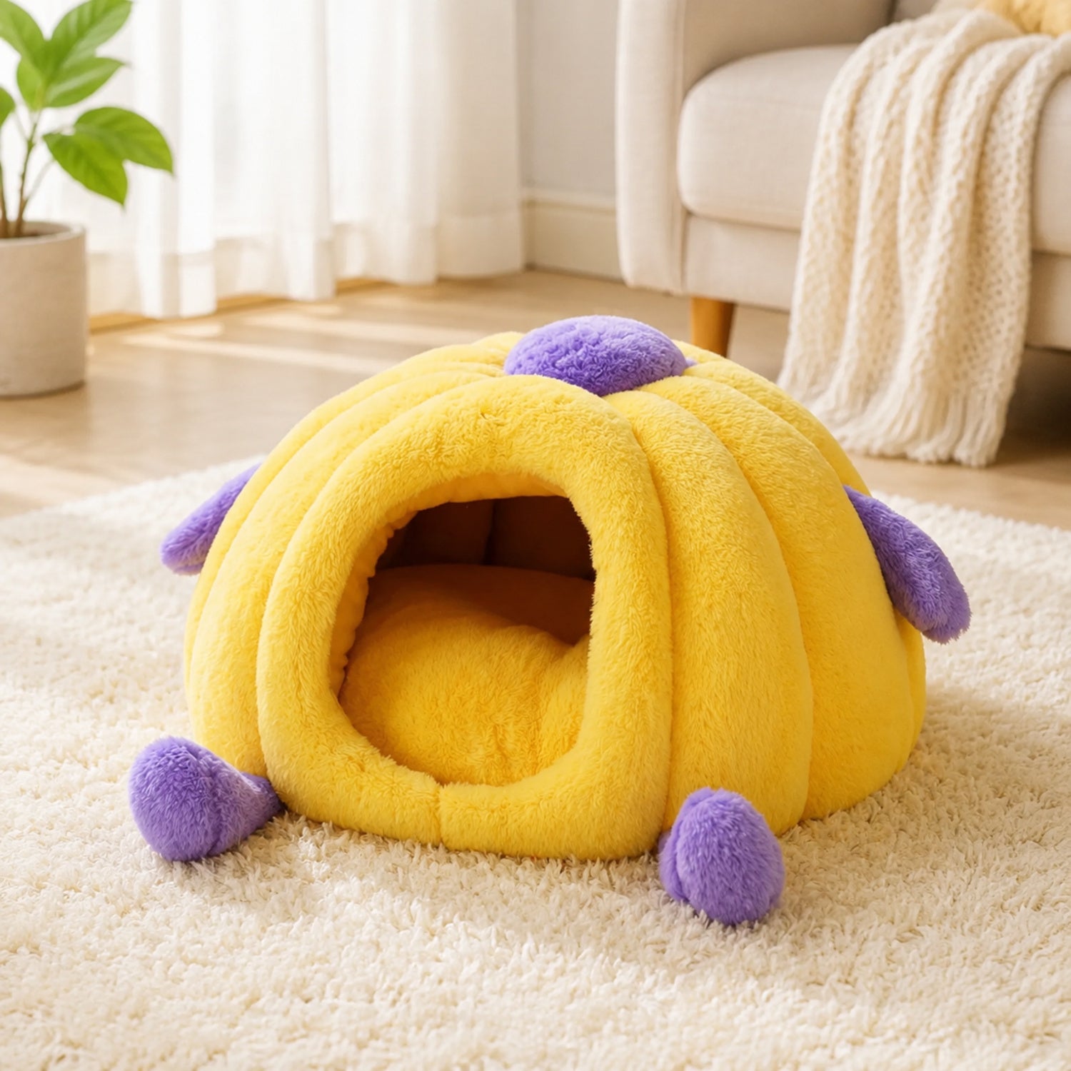 Pumpkin Enclosed Pet Bed | Plush Winter Hideaway | Non-Slip for Cats & Small Dogs