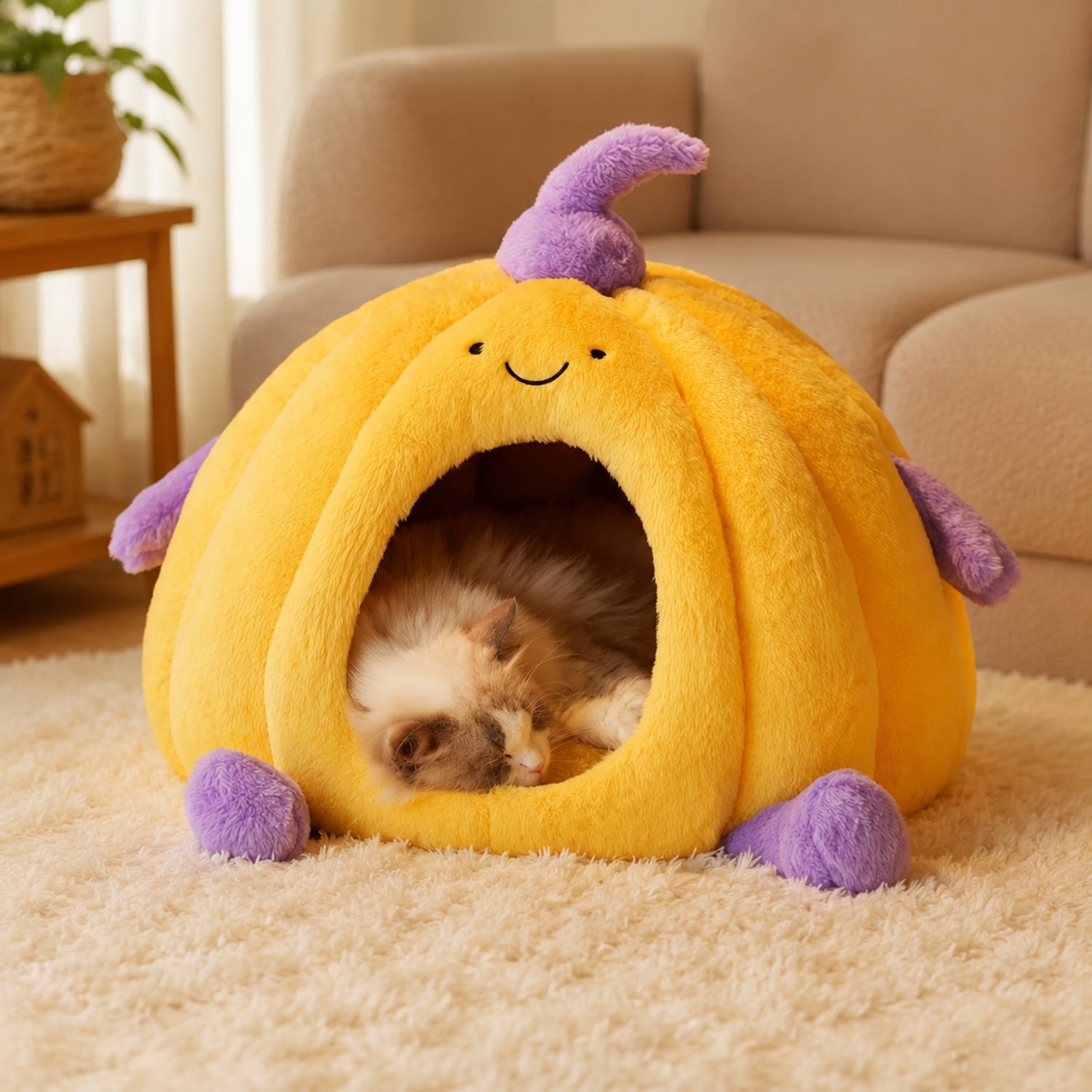 Pumpkin Enclosed Pet Bed | Plush Winter Hideaway | Non-Slip for Cats & Small Dogs