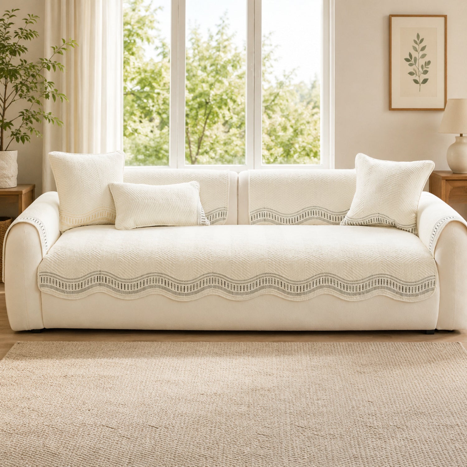 Chevron Wave Cotton Sofa Protector | Non-Slip Machine-Washable Cover