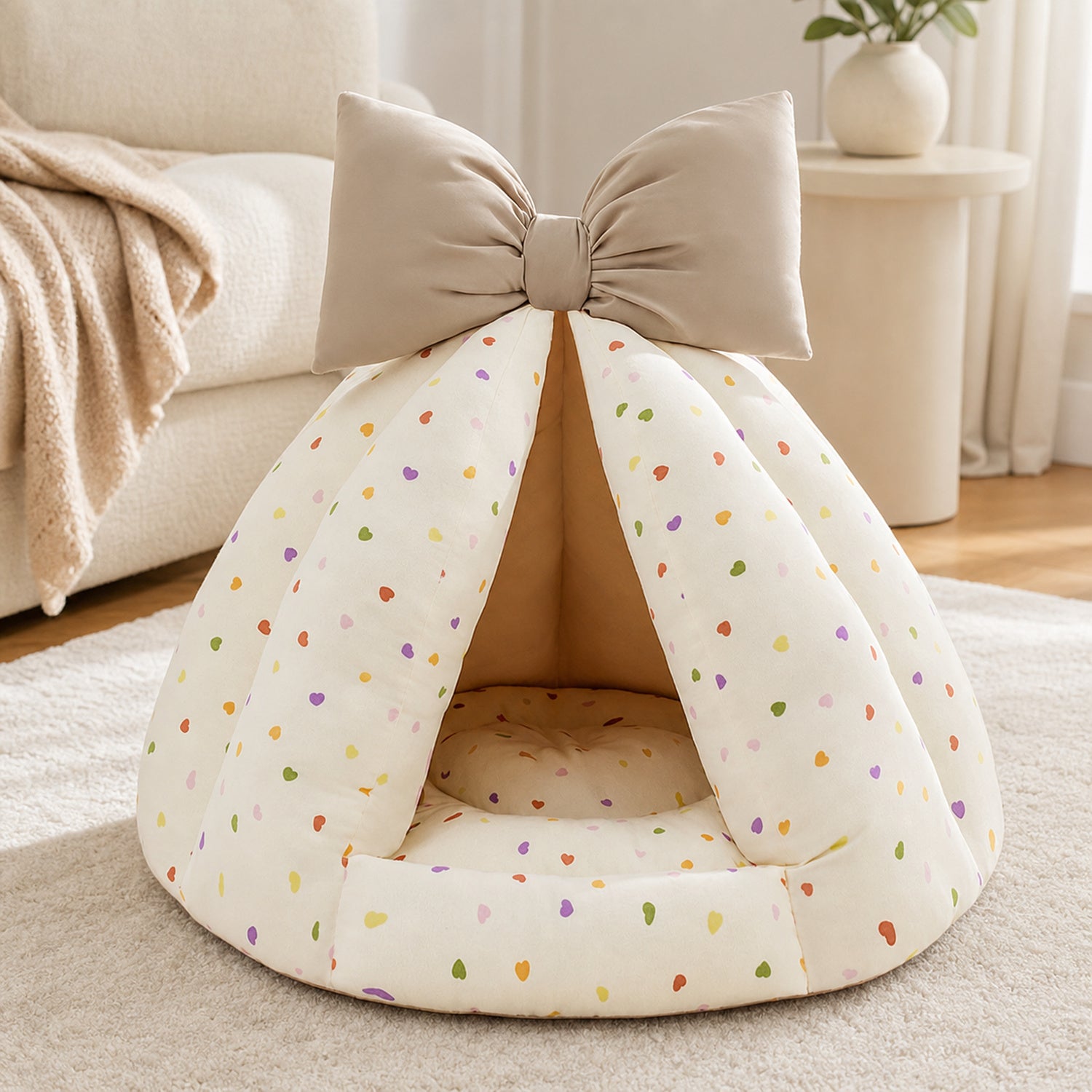 Bow Pet Tent Bed | Cotton Blend | Washable Hideaway for Cats & Small Dogs