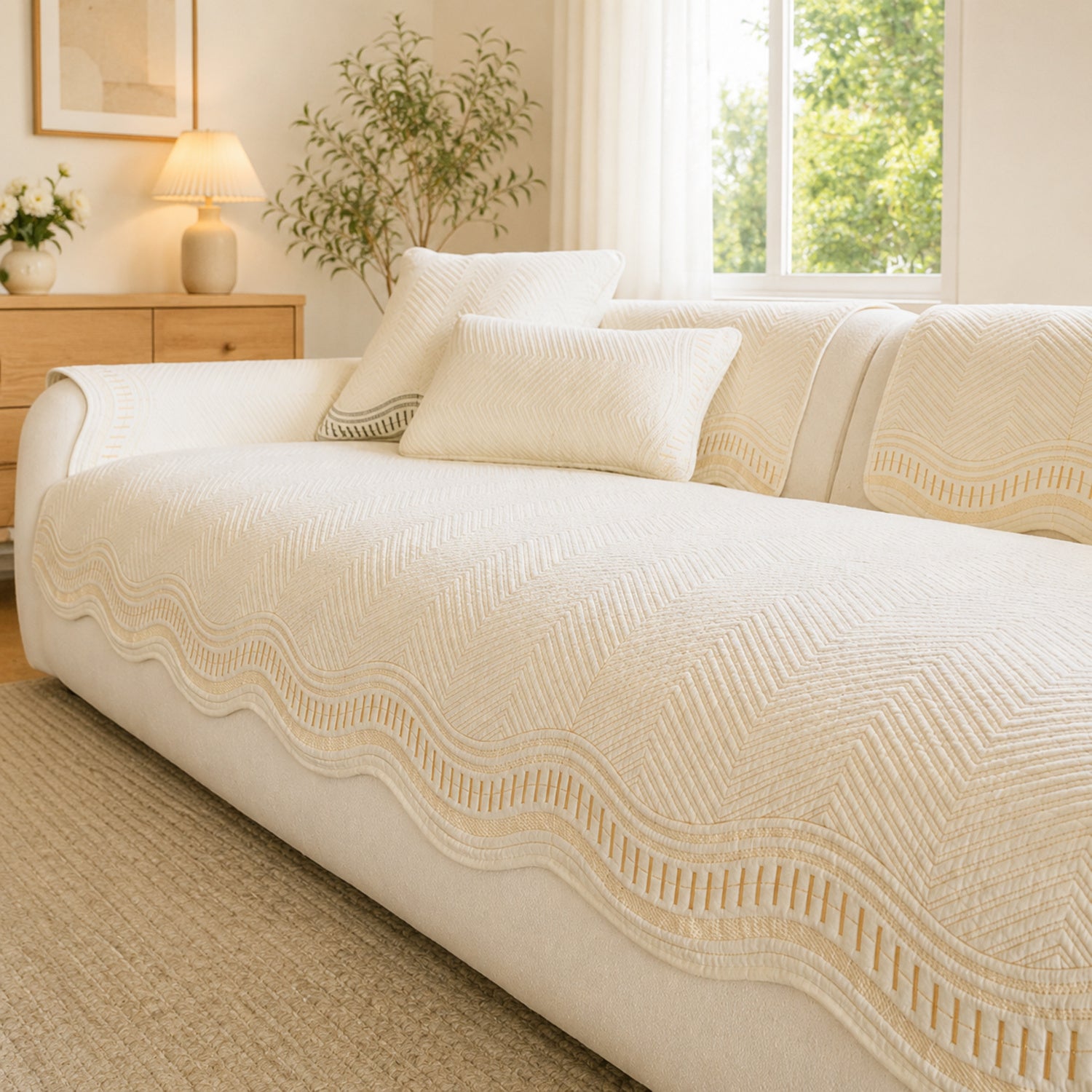 Chevron Wave Cotton Sofa Protector | Non-Slip Machine-Washable Cover