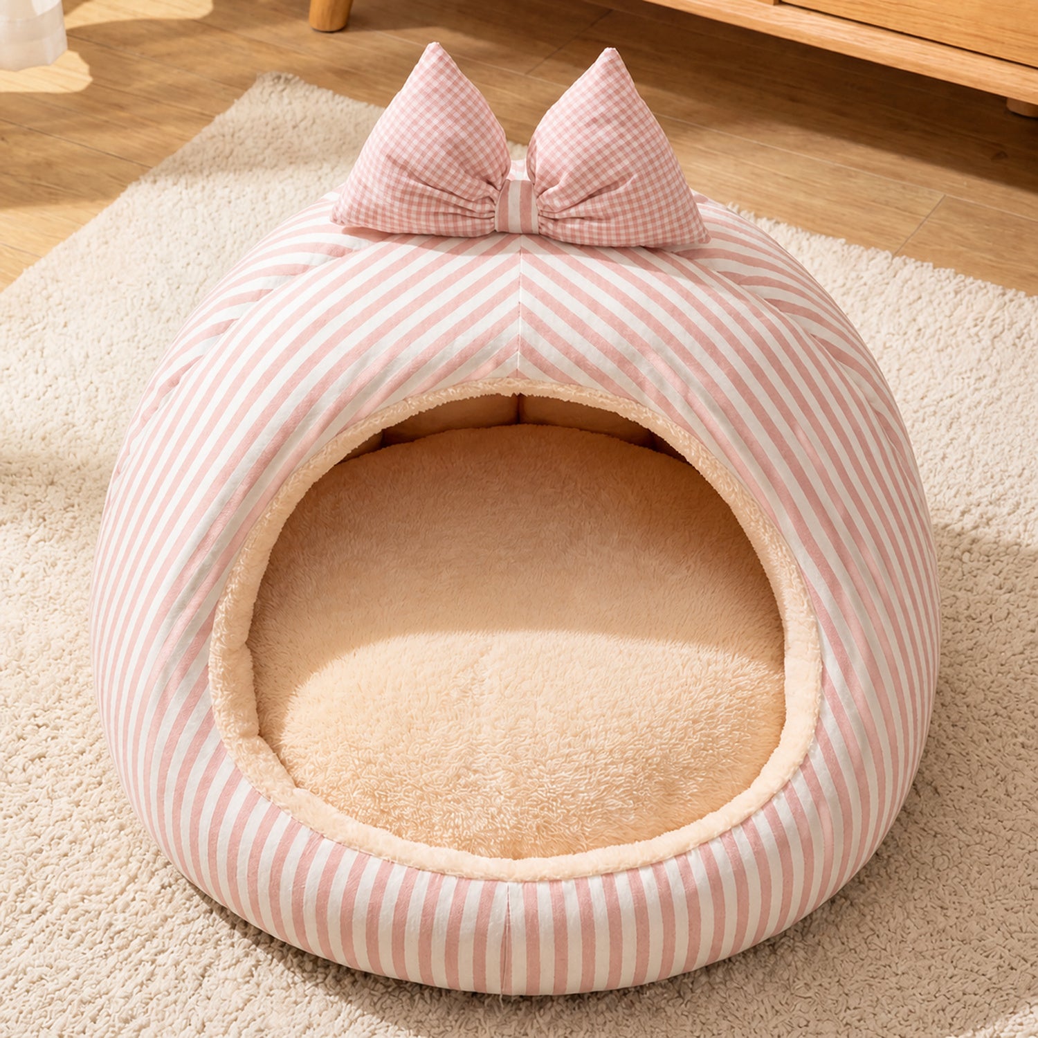 Striped Bow Pet House | Cosy Anti-Slip Machine-Washable Bed