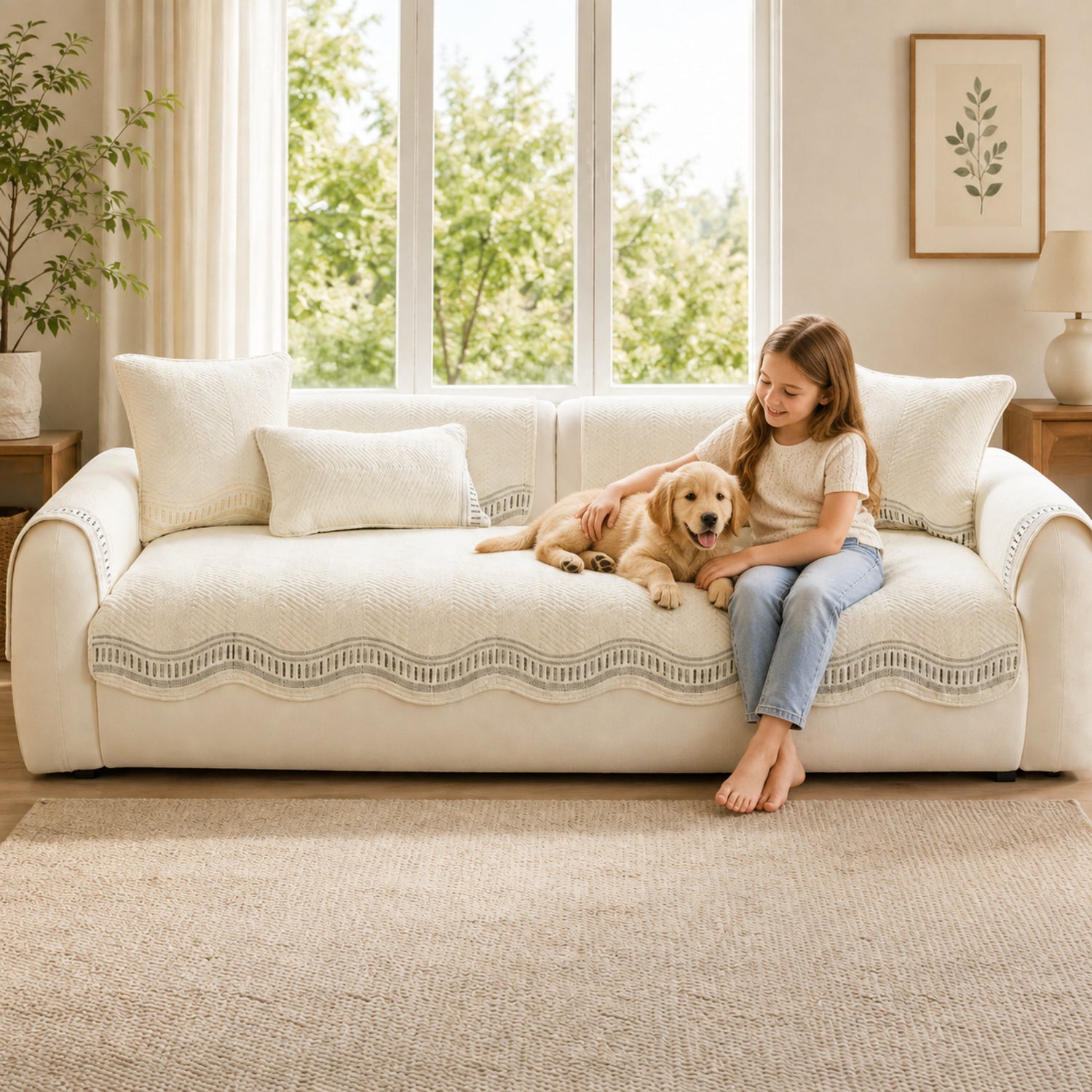 Chevron Wave Cotton Sofa Protector | Non-Slip Machine-Washable Cover