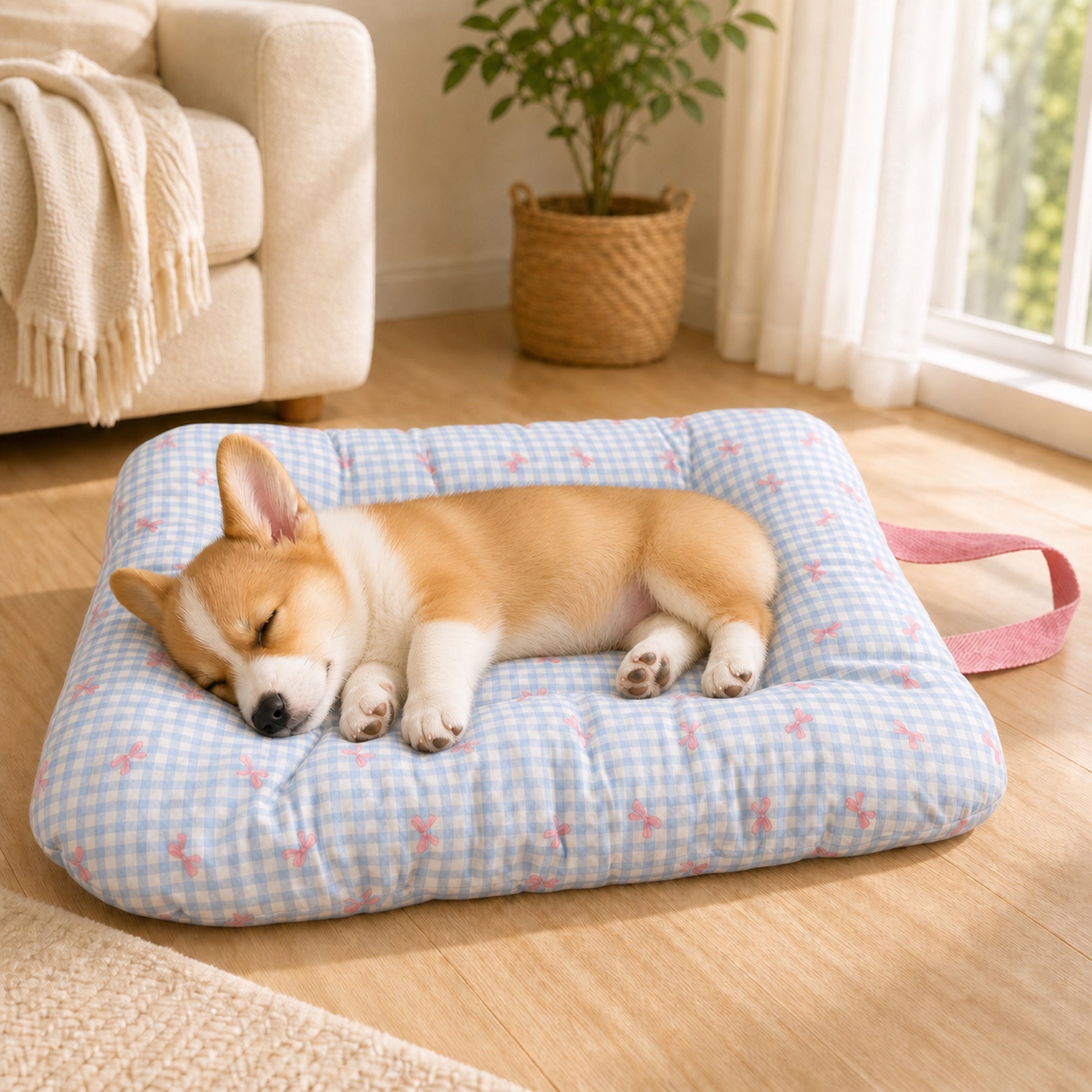 Gingham Bow Pet Mat | Cotton Double-Sided All-Season | Washable Bed