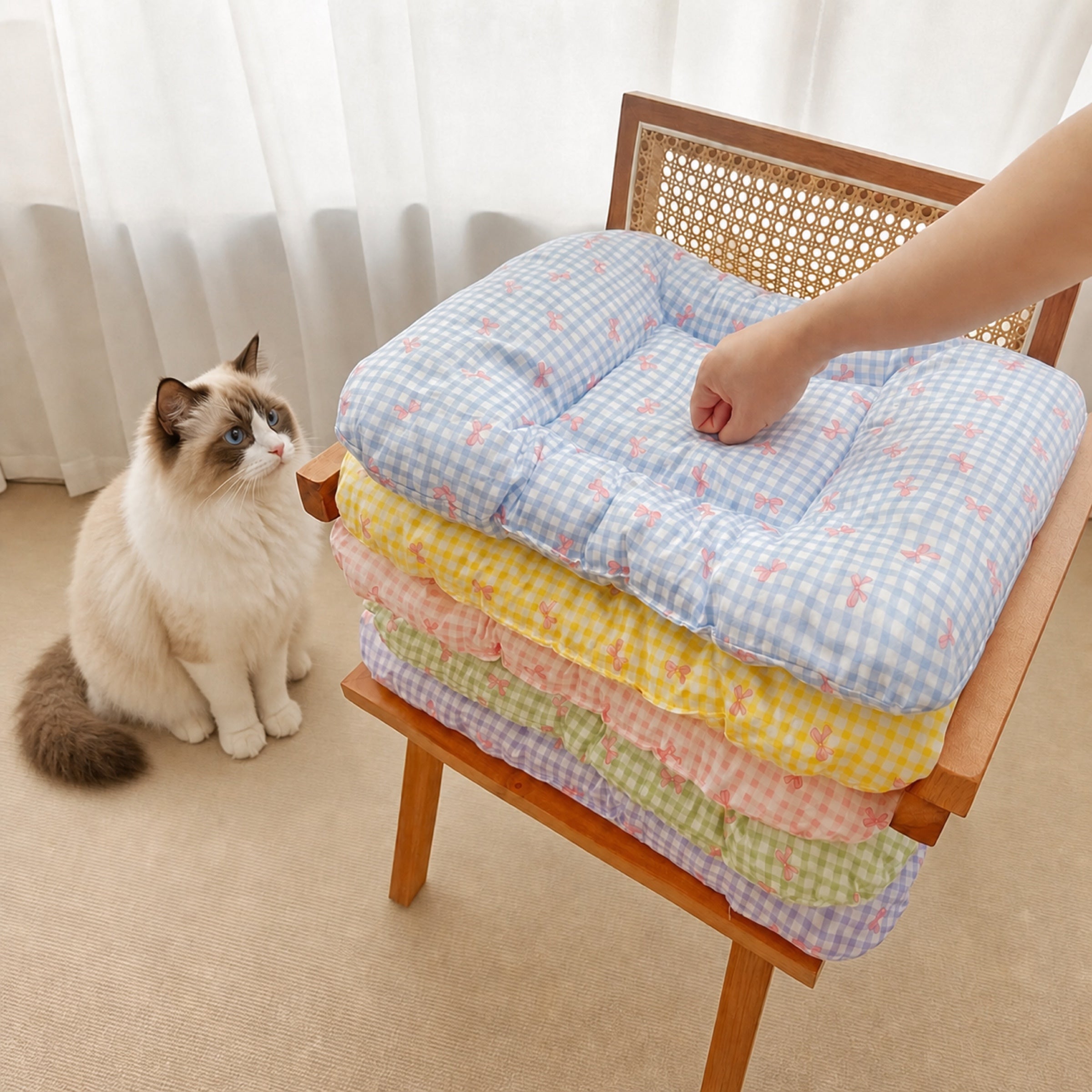 Gingham Bow Pet Mat | Cotton Double-Sided All-Season | Washable Bed