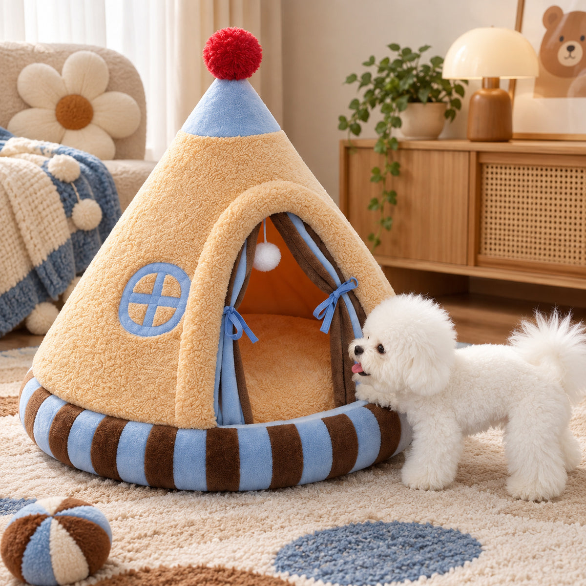 Circus Tent Dog Bed | Plush Pet Cave with Removable Cushion