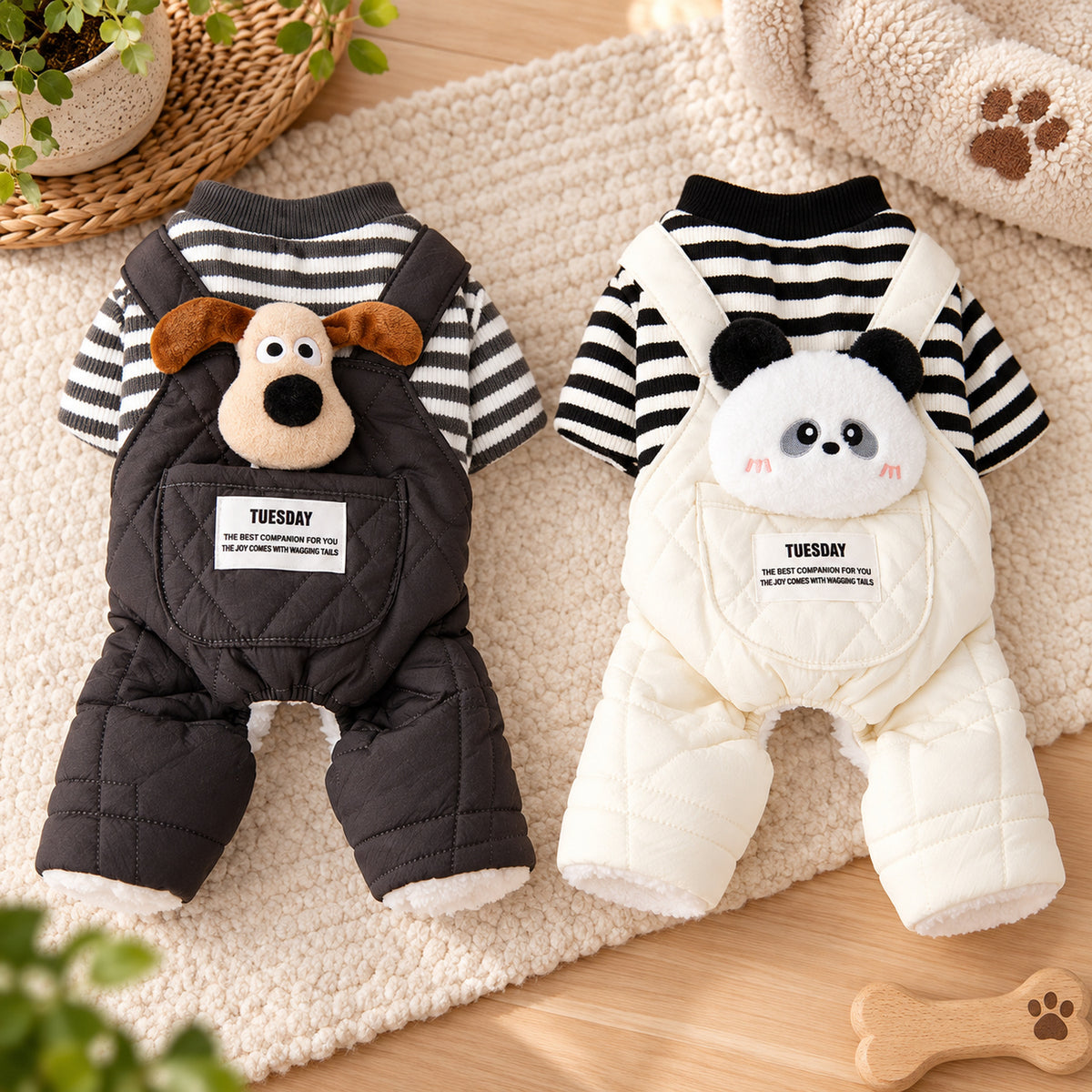 Dog Jumper | Cotton Dungaree Outfit with Striped Sleeves & Plush Animal Detail