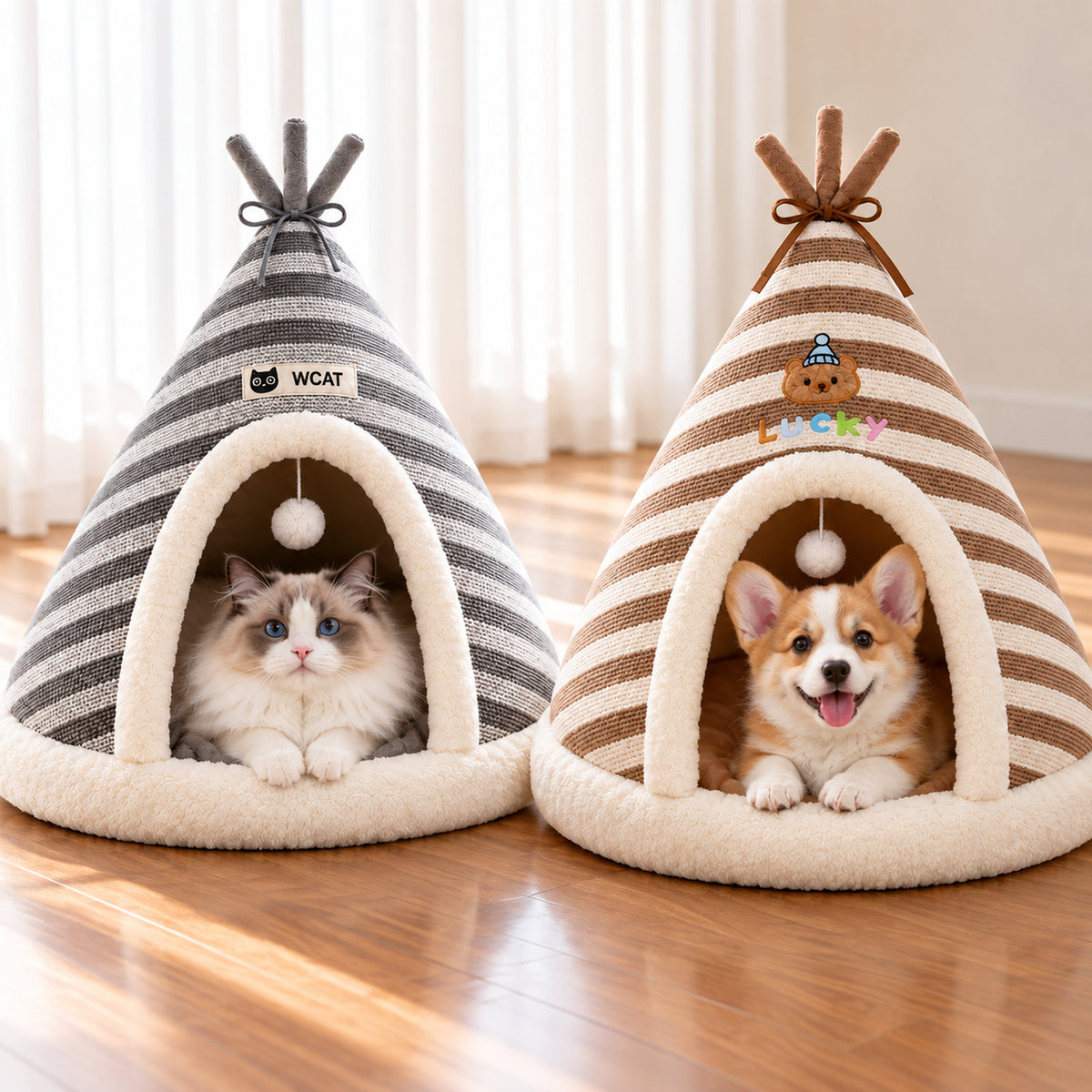 Dog Bed & Cat Bed | Striped Teepee Tent with Removable Cushion